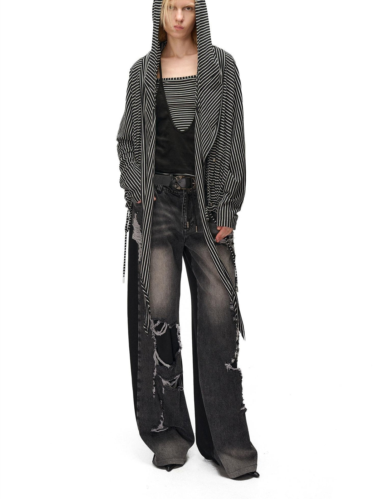 NORTH NODE Striped Detachable Hood Batwing Sleeve Women&