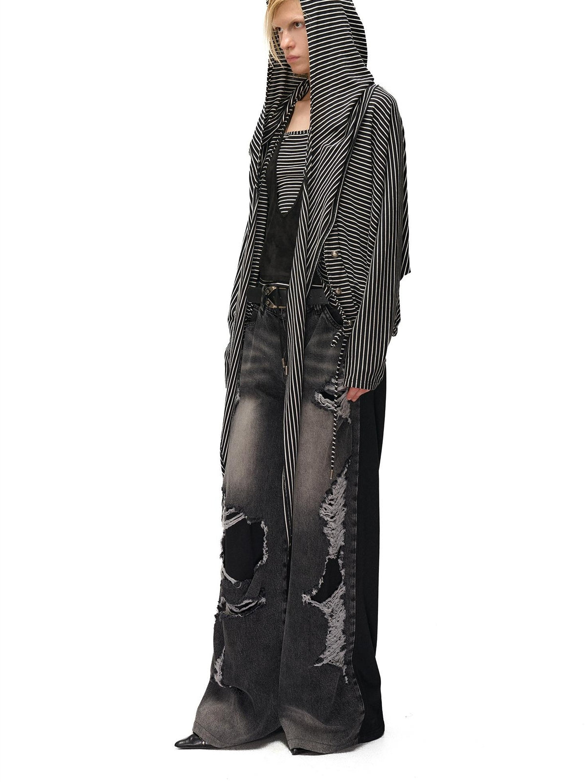 NORTH NODE Striped Detachable Hood Batwing Sleeve Women&