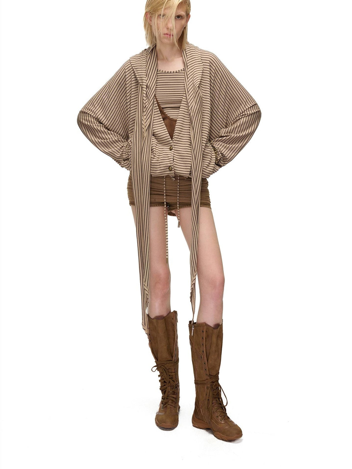 NORTH NODE Striped Detachable Hood Batwing Sleeve Women&