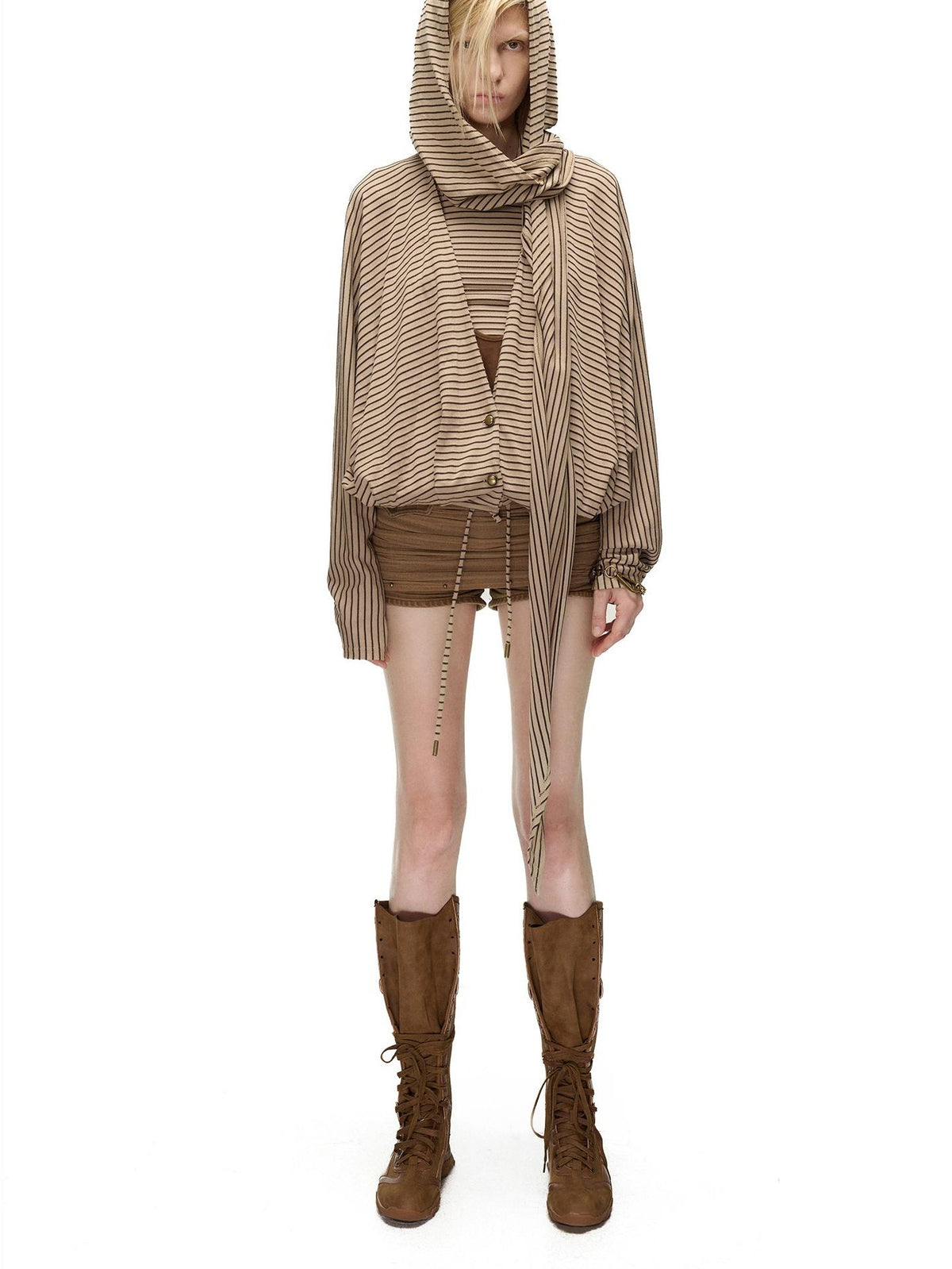 NORTH NODE Striped Detachable Hood Batwing Sleeve Women&