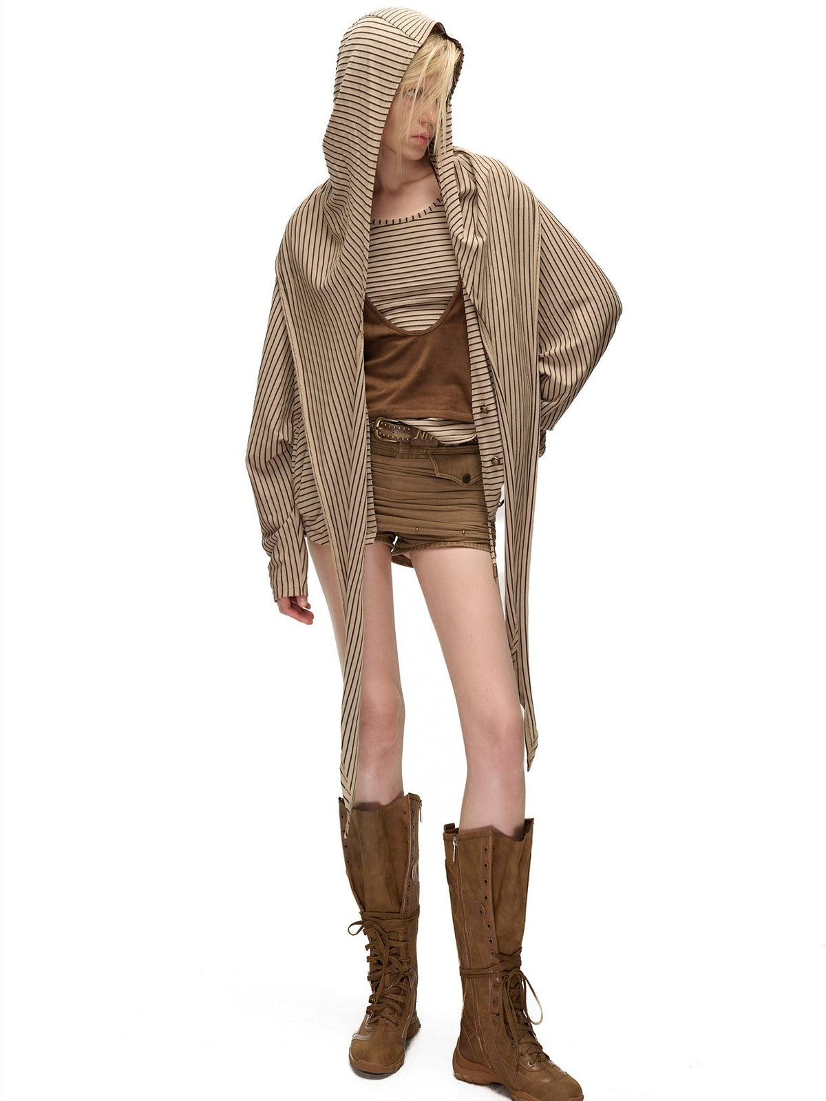 NORTH NODE Striped Detachable Hood Batwing Sleeve Women&