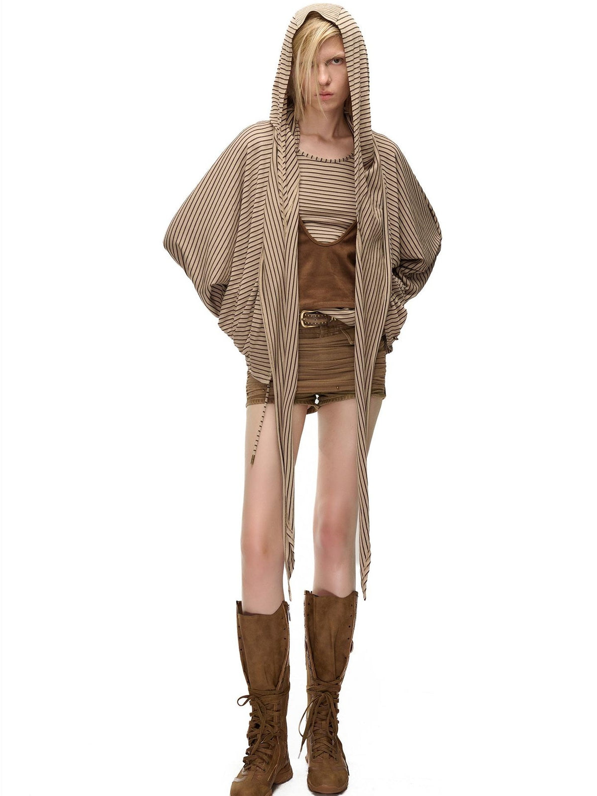 NORTH NODE Striped Detachable Hood Batwing Sleeve Women&