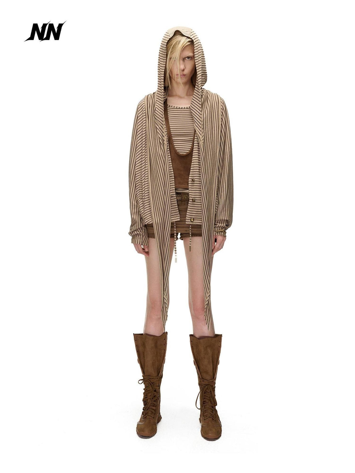 NORTH NODE Striped Detachable Hood Batwing Sleeve Women&