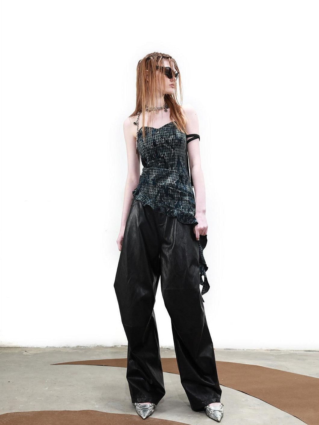 NORTH NODE Terrain Textured Plaid Asymmetrical Ruffle Women&