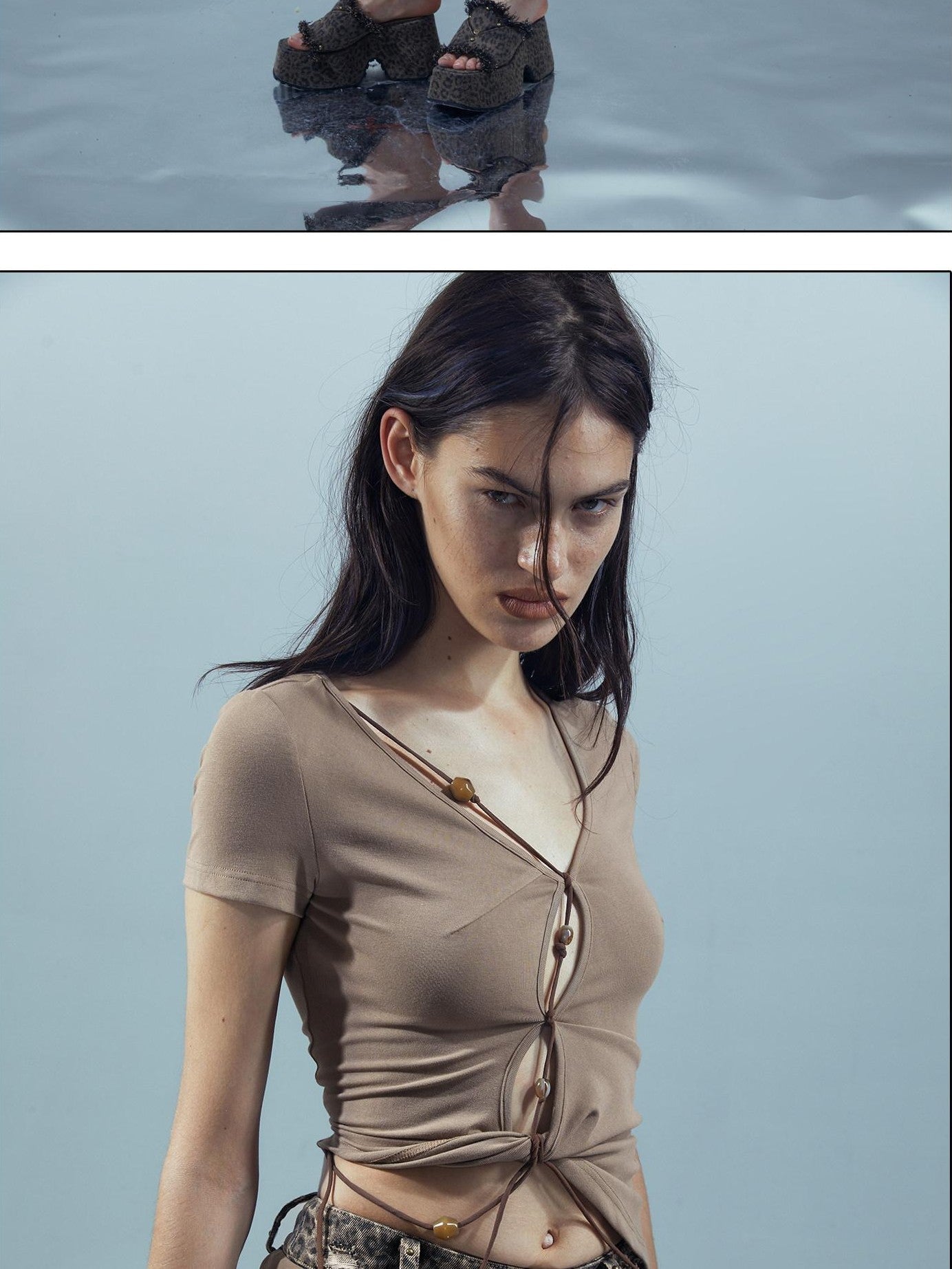 NORTH NODE V-neck Cutout Beaded Tie Short Sleeve Women&