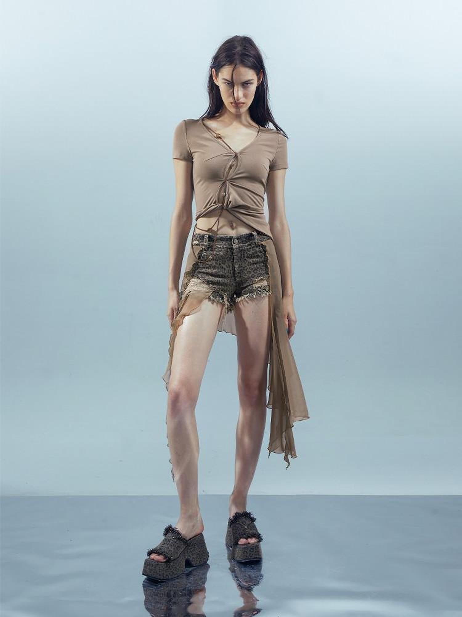 NORTH NODE V-neck Cutout Beaded Tie Short Sleeve Women&