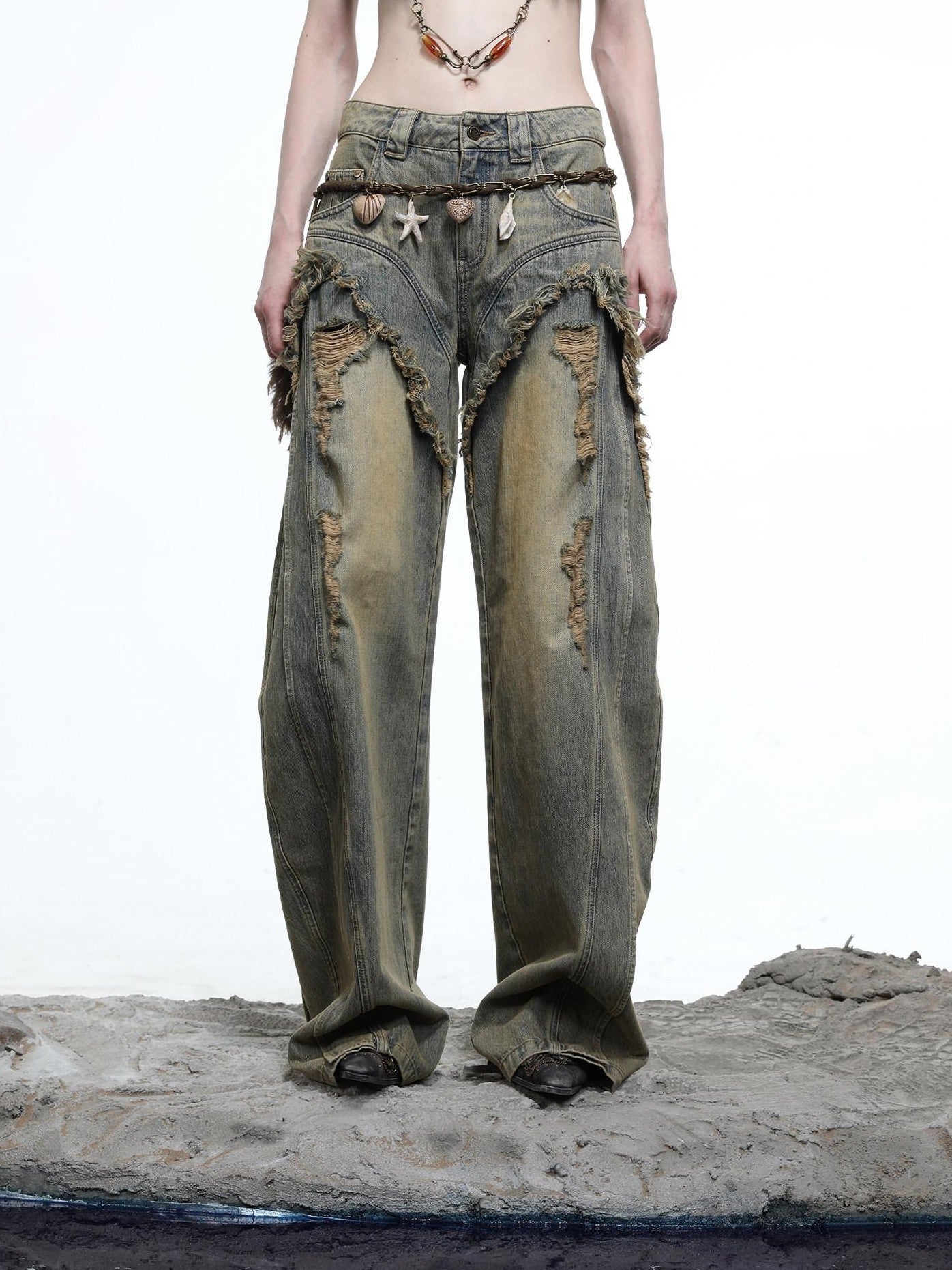 NORTH NODE Vintage Blue Washed Distressed Raw Hem Ripped Women&