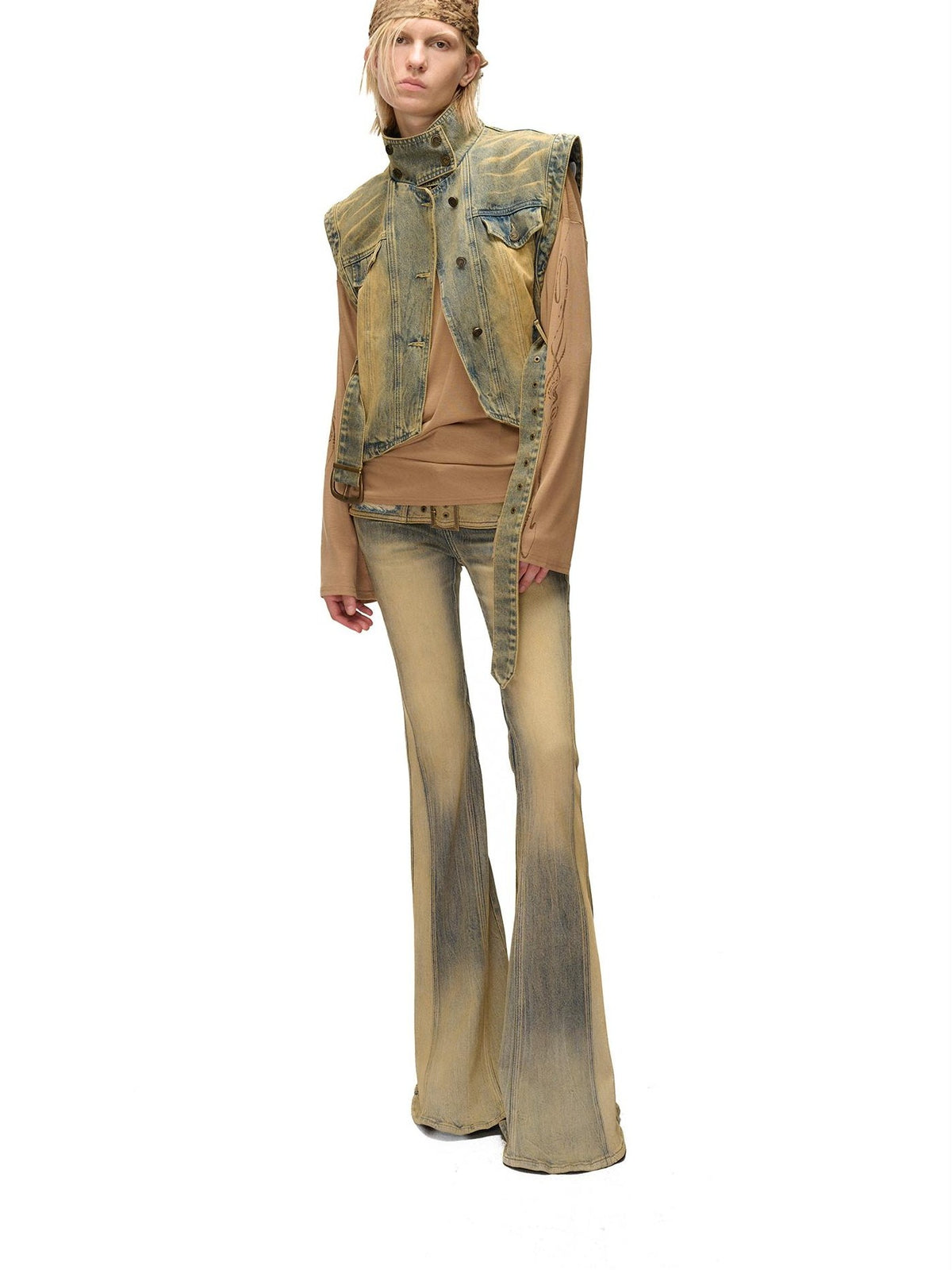 NORTH NODE Vintage Washed Distressed Loose Fit Stand Collar Women&