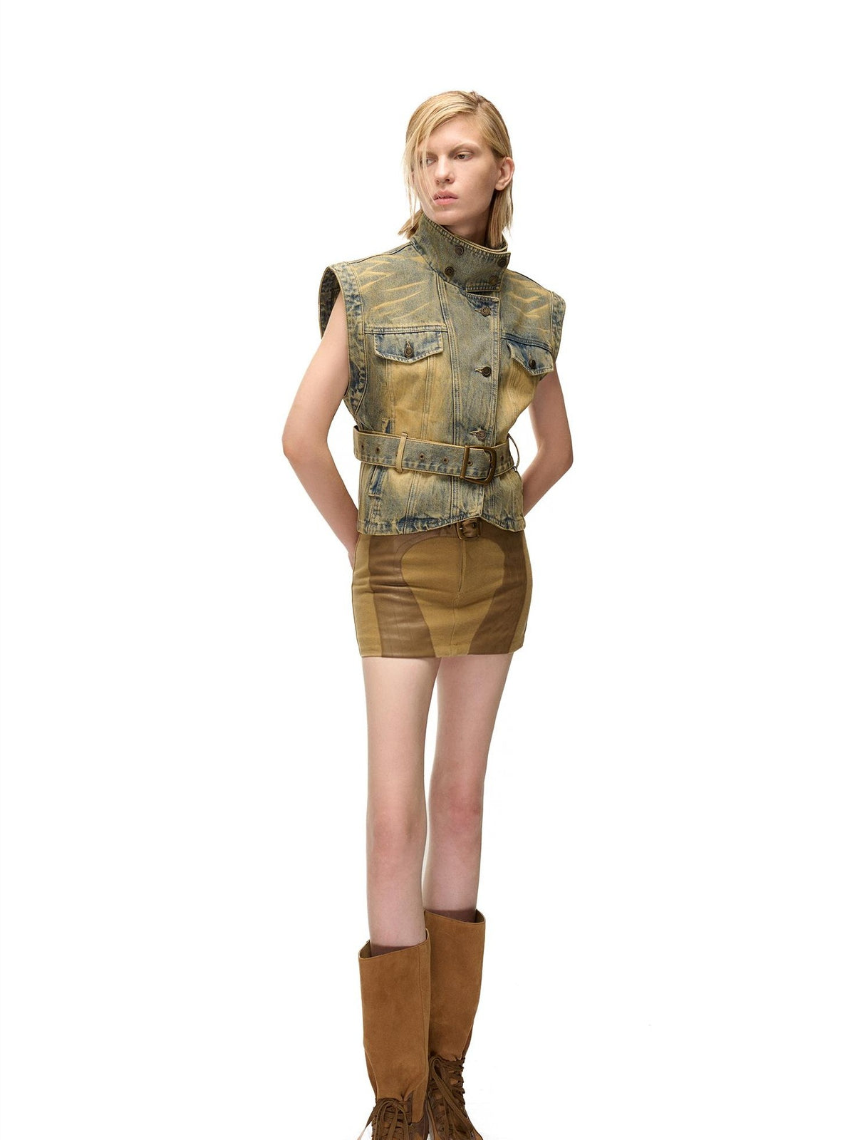 NORTH NODE Vintage Washed Distressed Loose Fit Stand Collar Women&