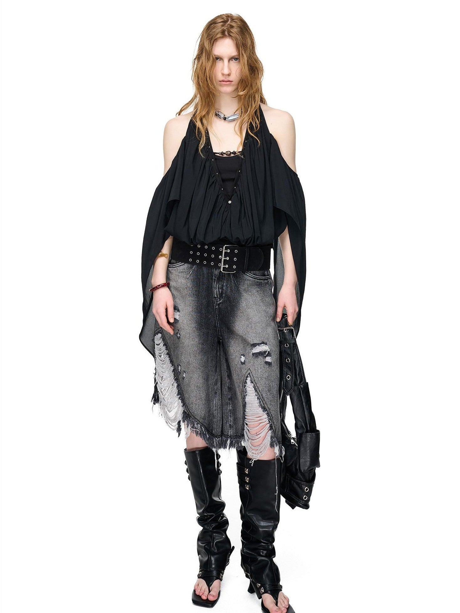 NORTH NODE Vintage Washed Distressed Ripped Wide Leg Women&