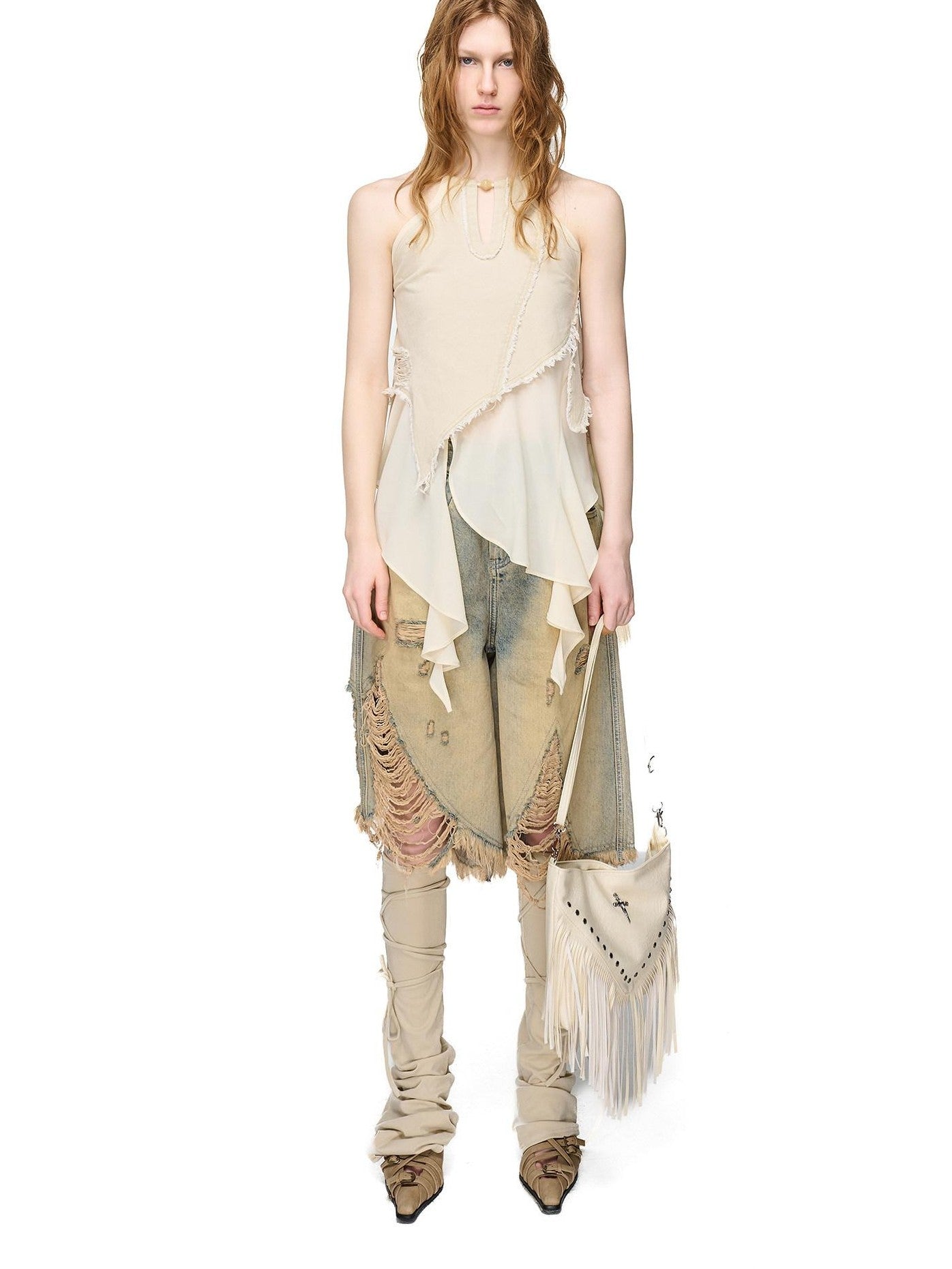 NORTH NODE Vintage Washed Distressed Ripped Wide Leg Women&