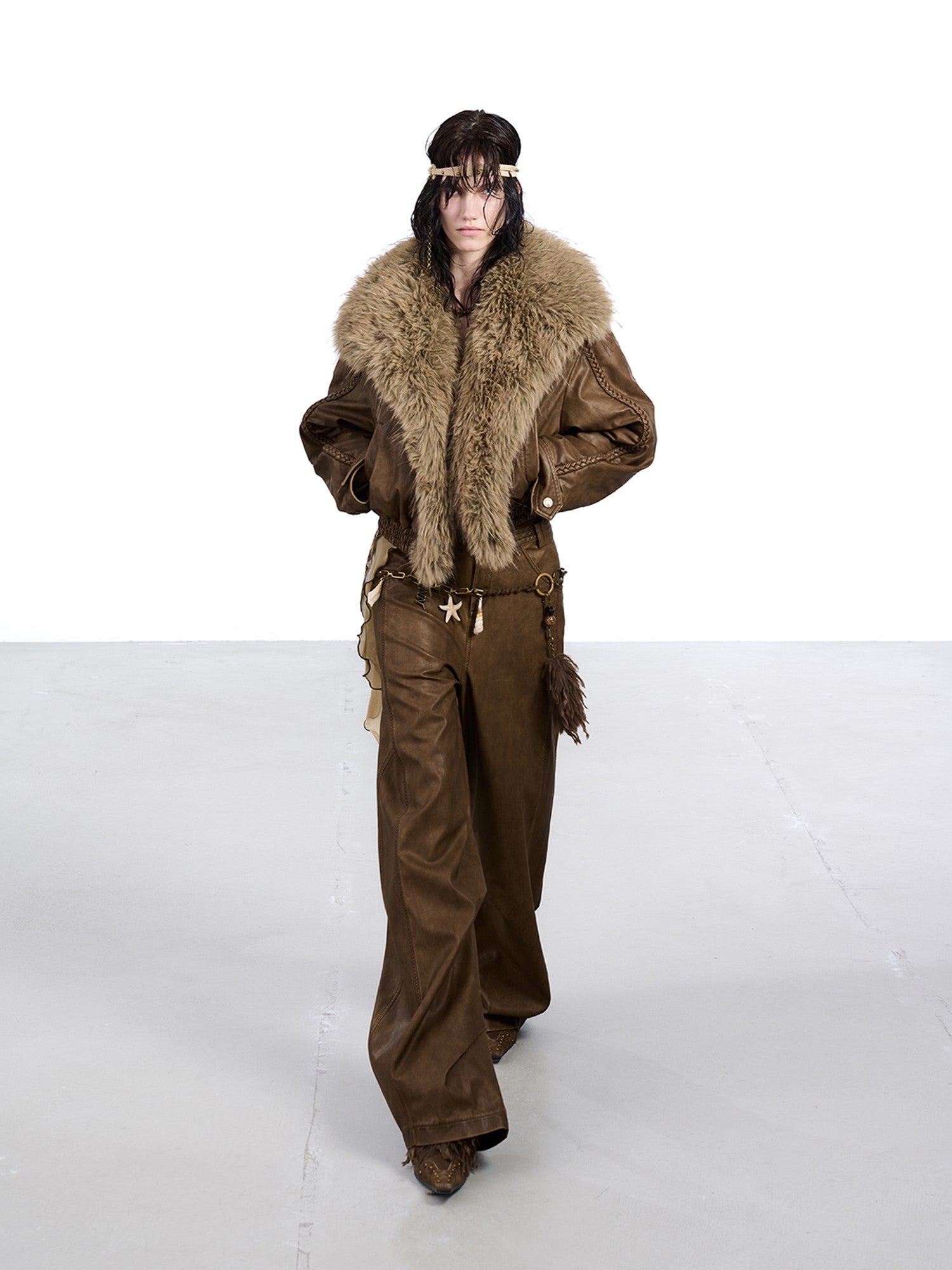 NORTH NODE Washed Big Faux Fur Collar Lapel Padded Short Punk Women&