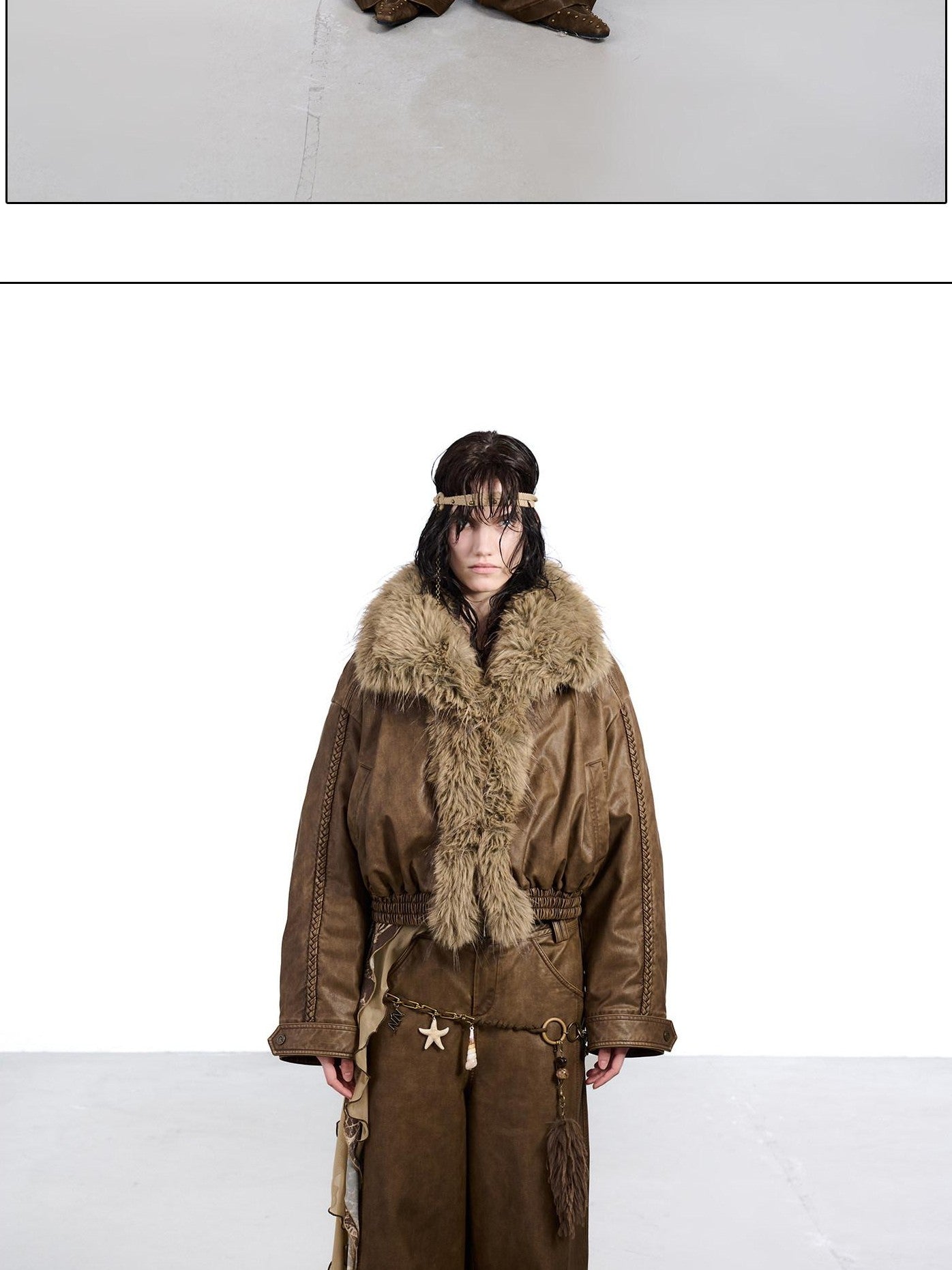 NORTH NODE Washed Big Faux Fur Collar Lapel Padded Short Punk Women&