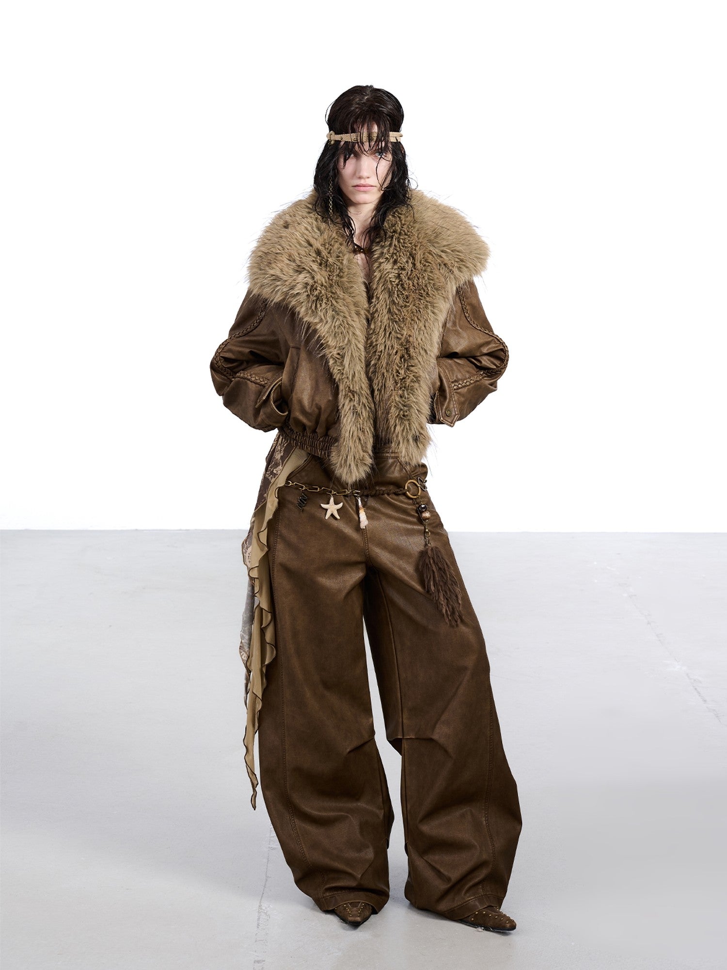NORTH NODE Washed Big Faux Fur Collar Lapel Padded Short Punk Women&