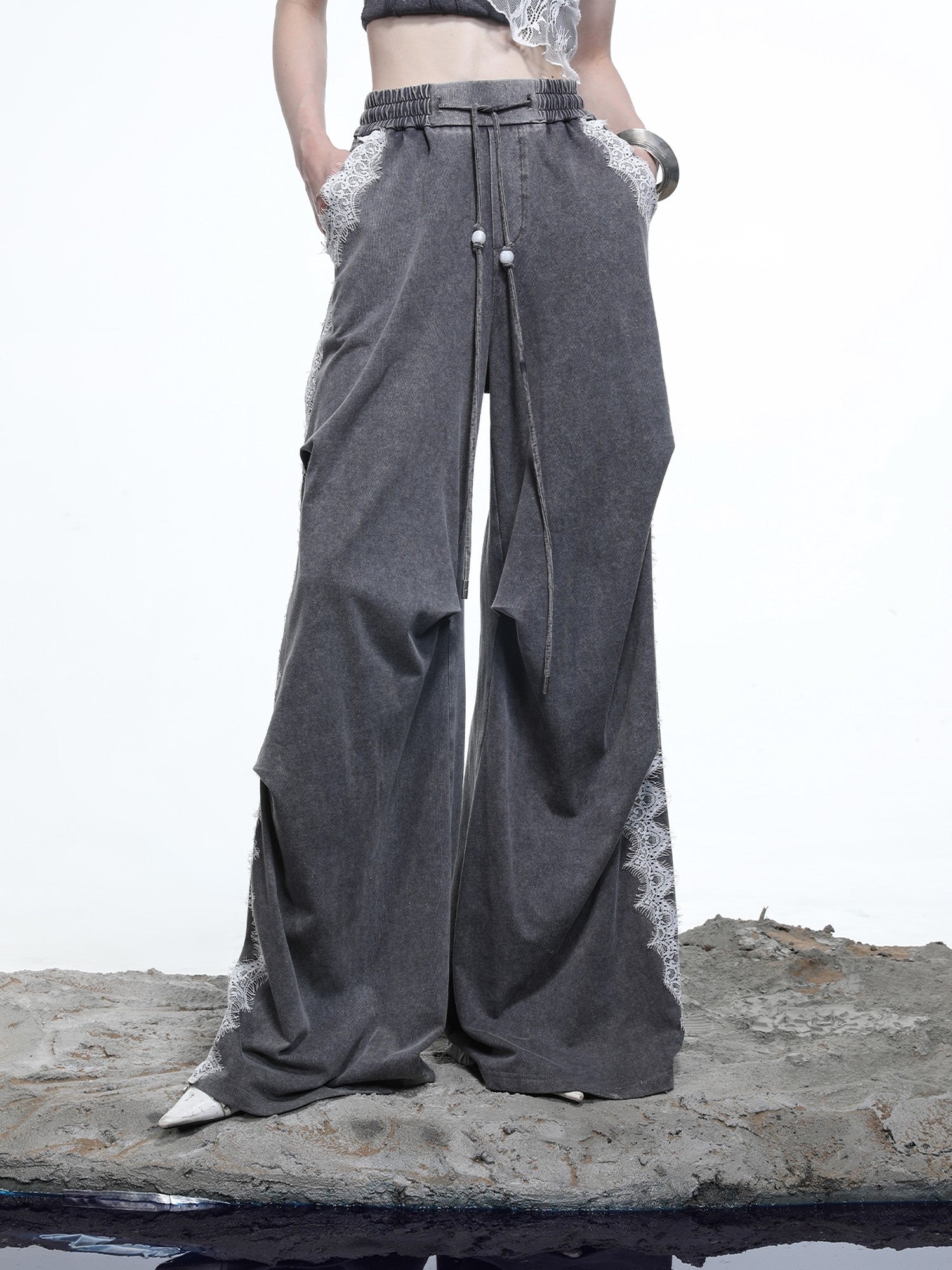 NORTH NODE Washed Casual Lace Panel Elastic Waist Women&