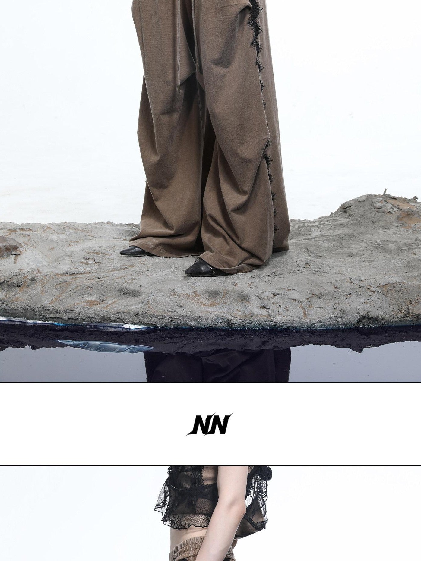 NORTH NODE Washed Casual Lace Panel Elastic Waist Women&