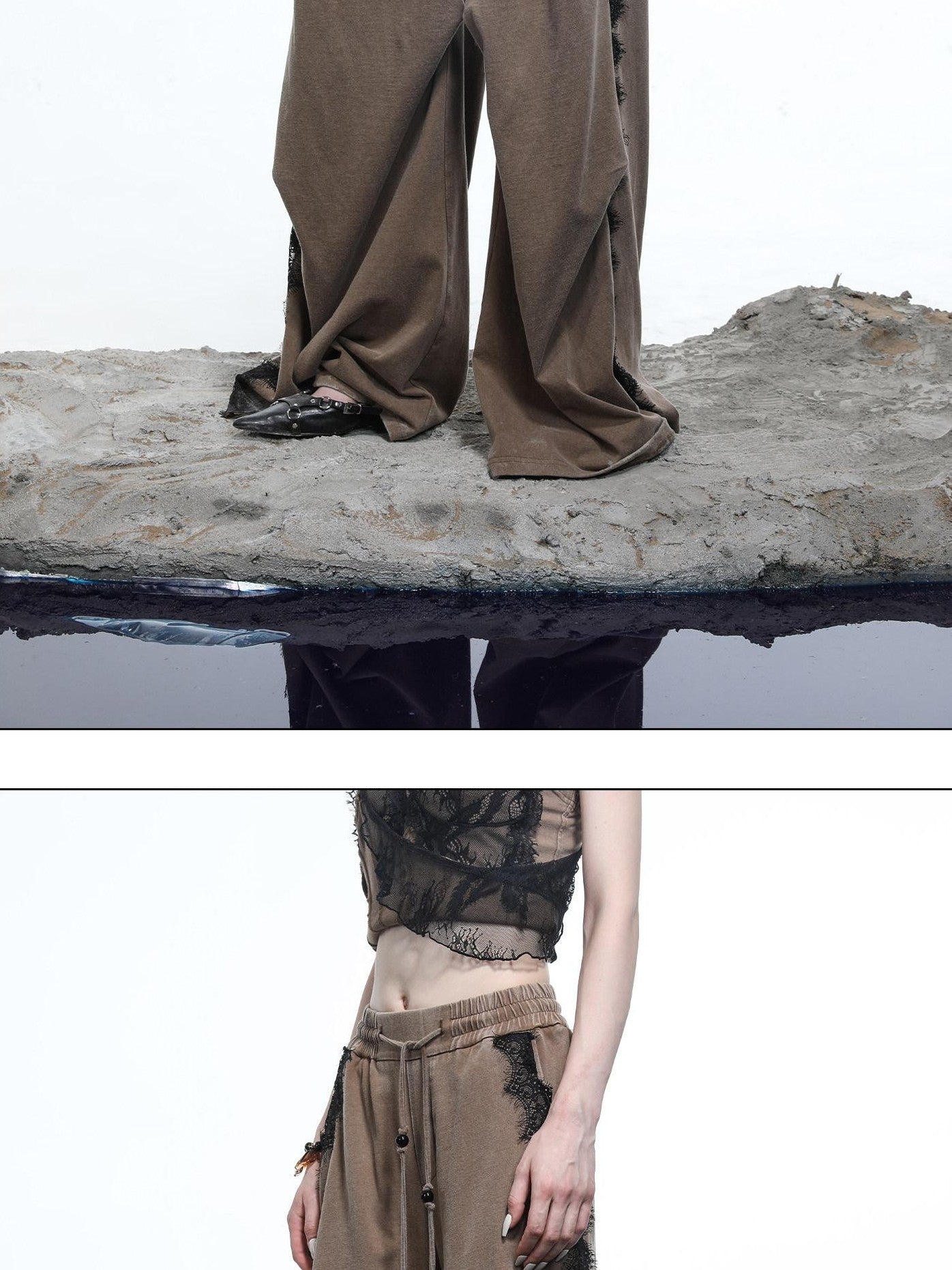 NORTH NODE Washed Casual Lace Panel Elastic Waist Women&