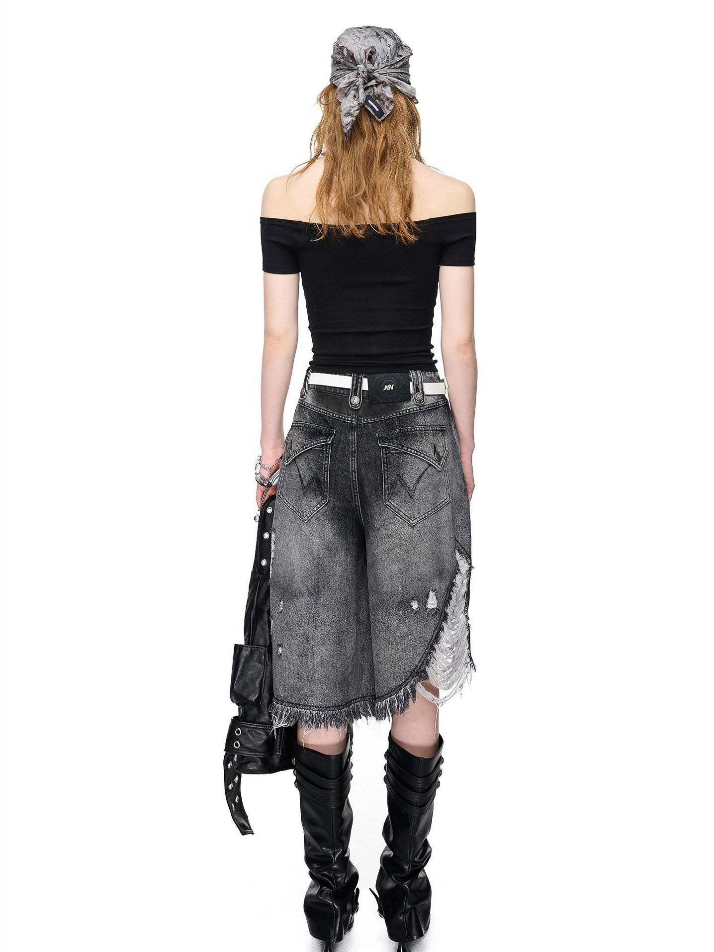 NORTH NODE Washed Denim Patchwork Distressed Women&