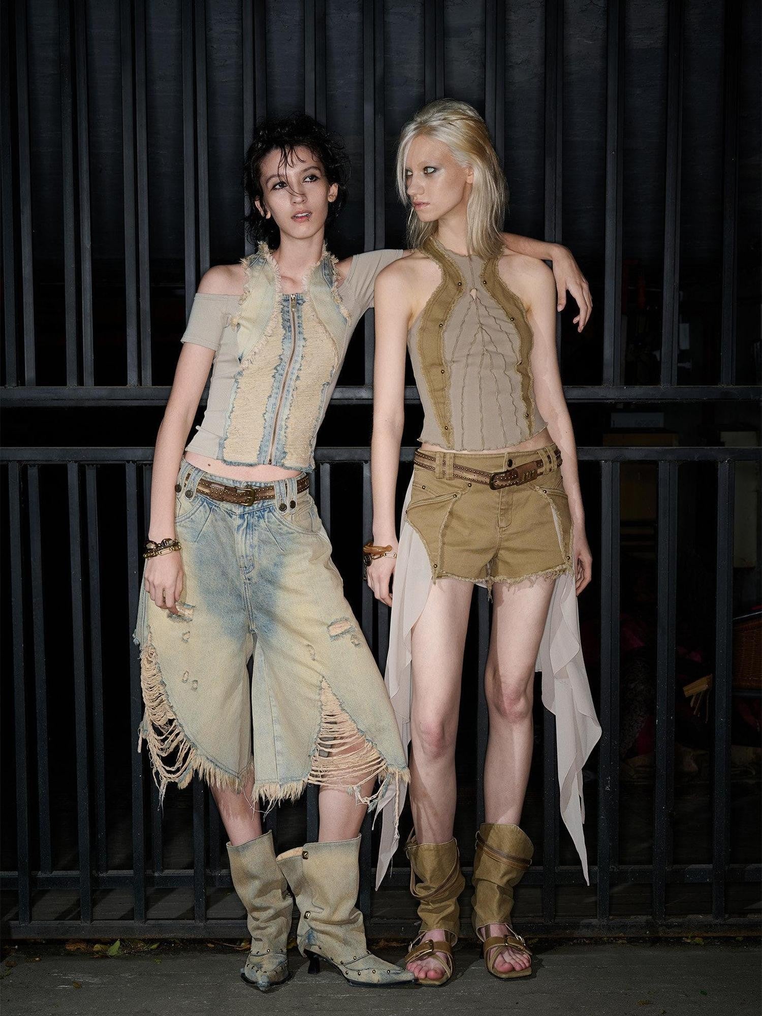 NORTH NODE Washed Denim Patchwork Distressed Women&