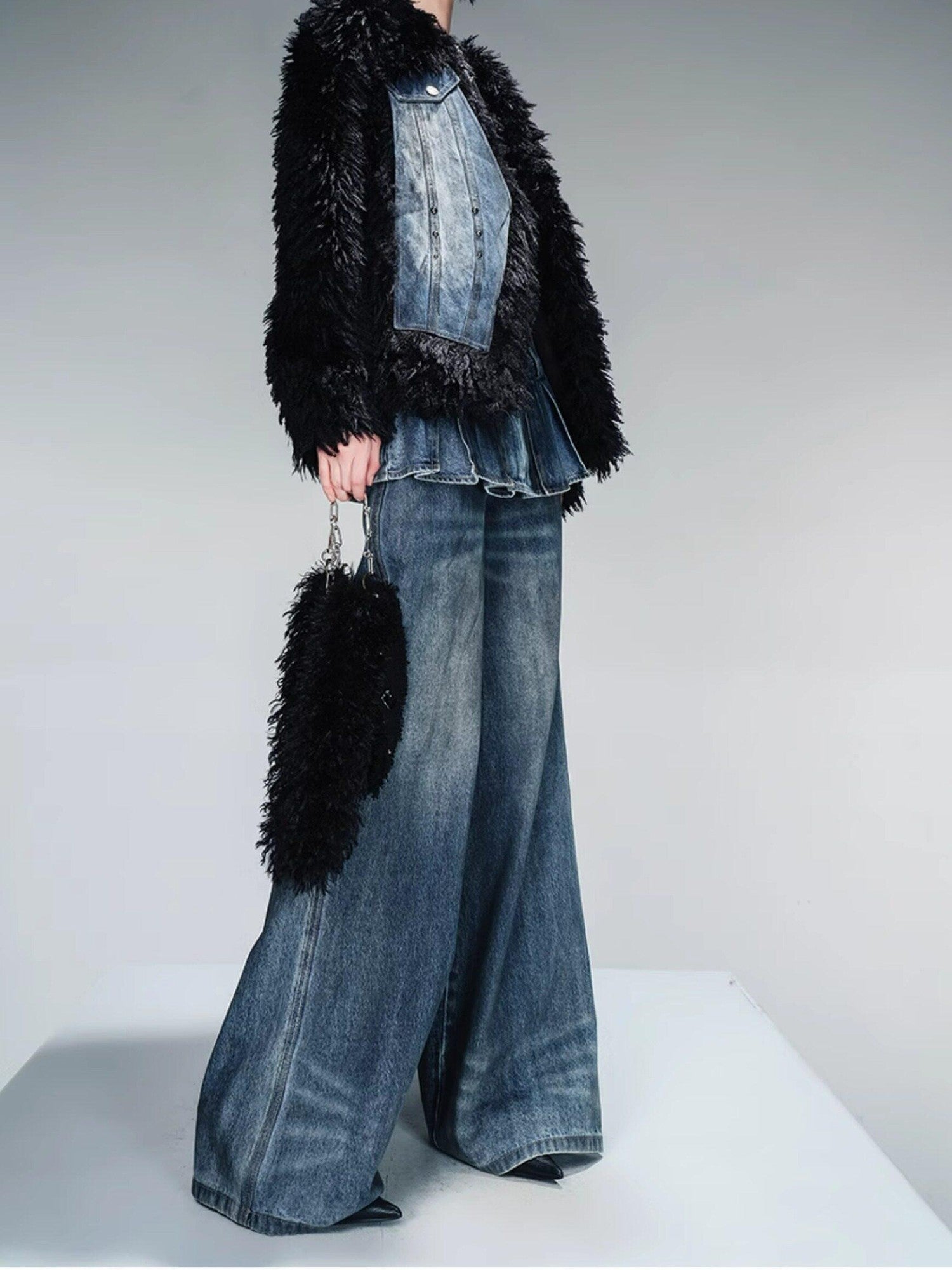 NORTH NODE Washed Denim Patchwork Faux Fur Women&