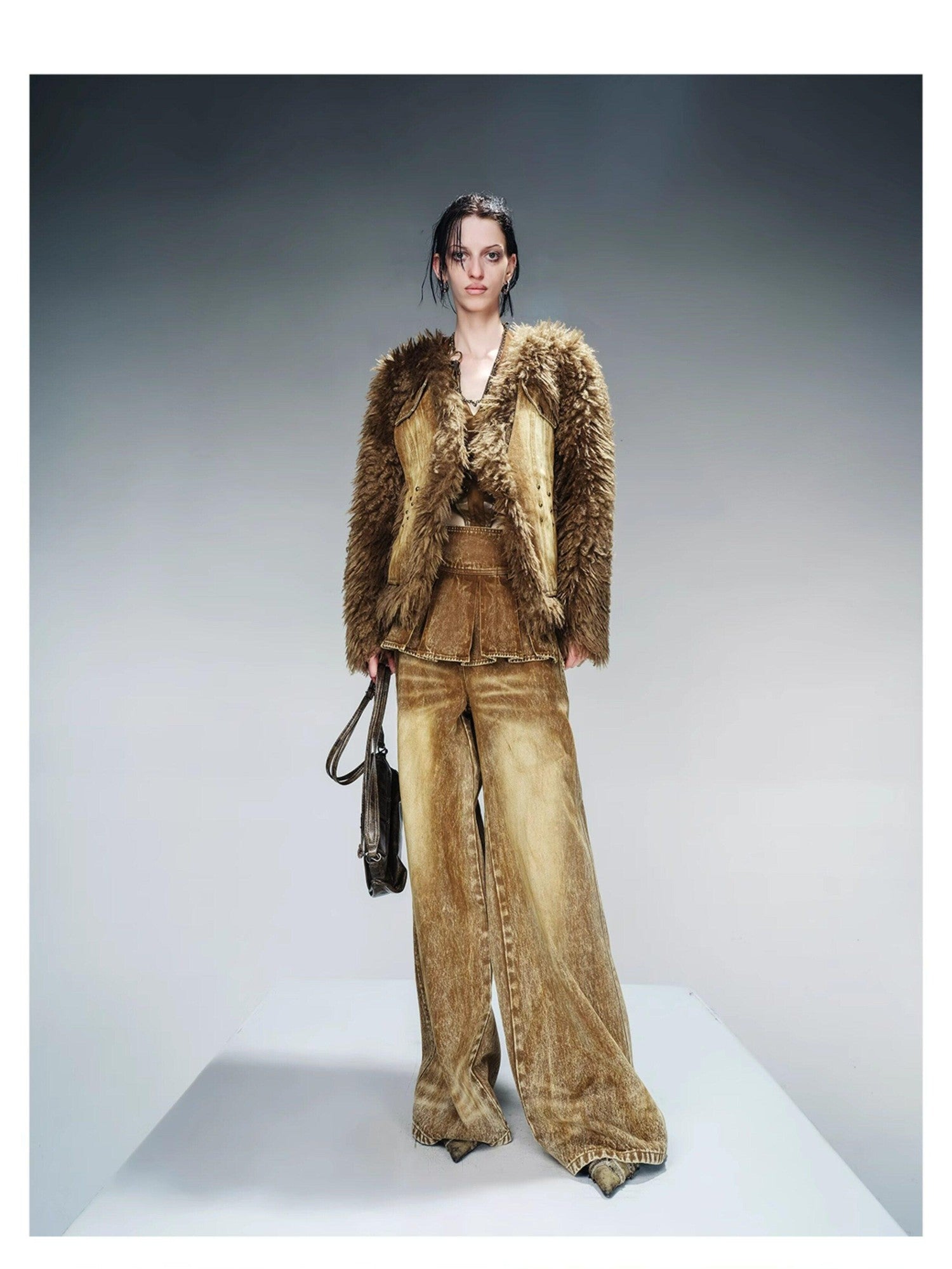 NORTH NODE Washed Denim Patchwork Faux Fur Women&