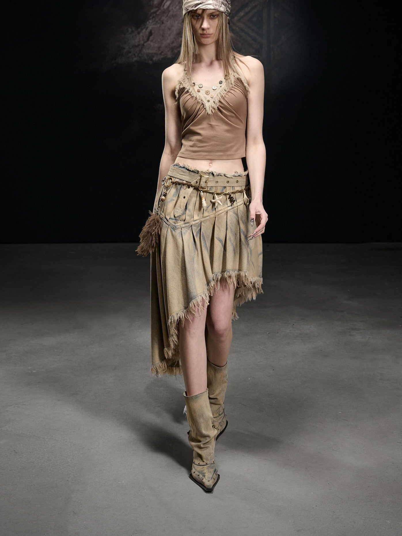 NORTH NODE Washed Distressed Asymmetric Frayed Hem Women&