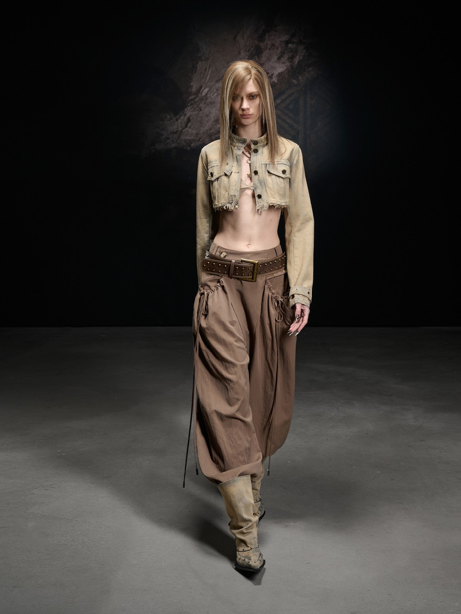 NORTH NODE Washed Distressed Cropped Stand Collar Flap Pocket Women&