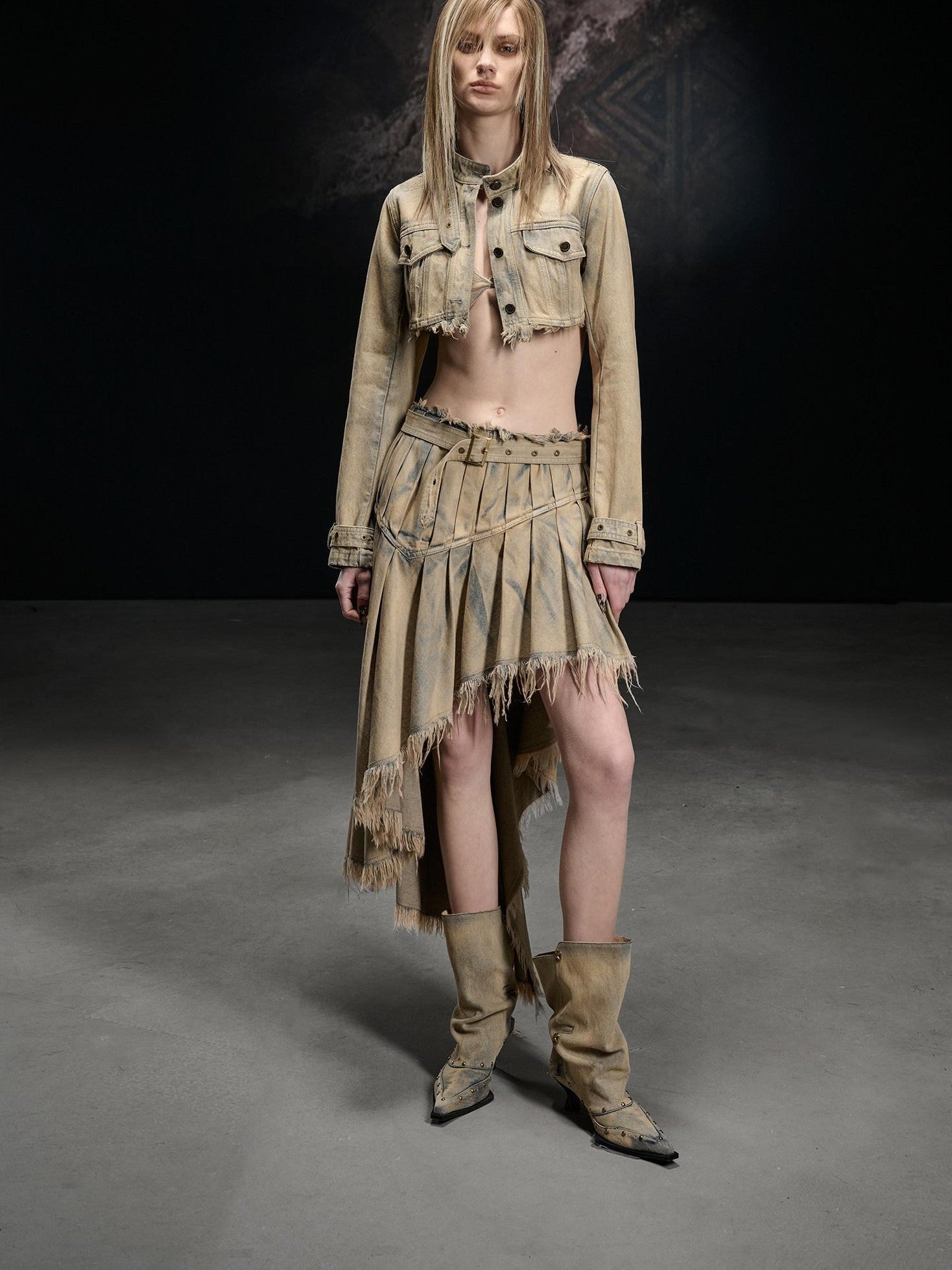 NORTH NODE Washed Distressed Cropped Stand Collar Flap Pocket Women&