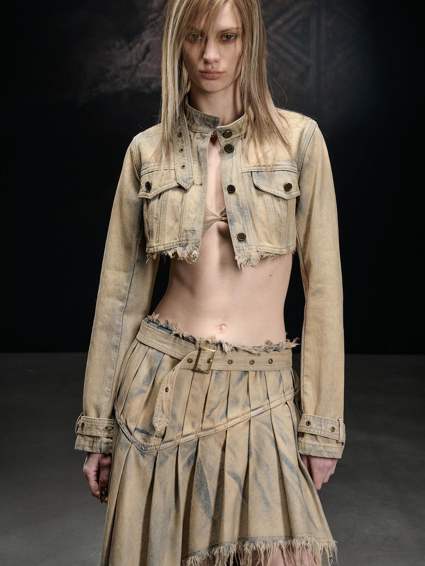 NORTH NODE Washed Distressed Cropped Stand Collar Flap Pocket Women&