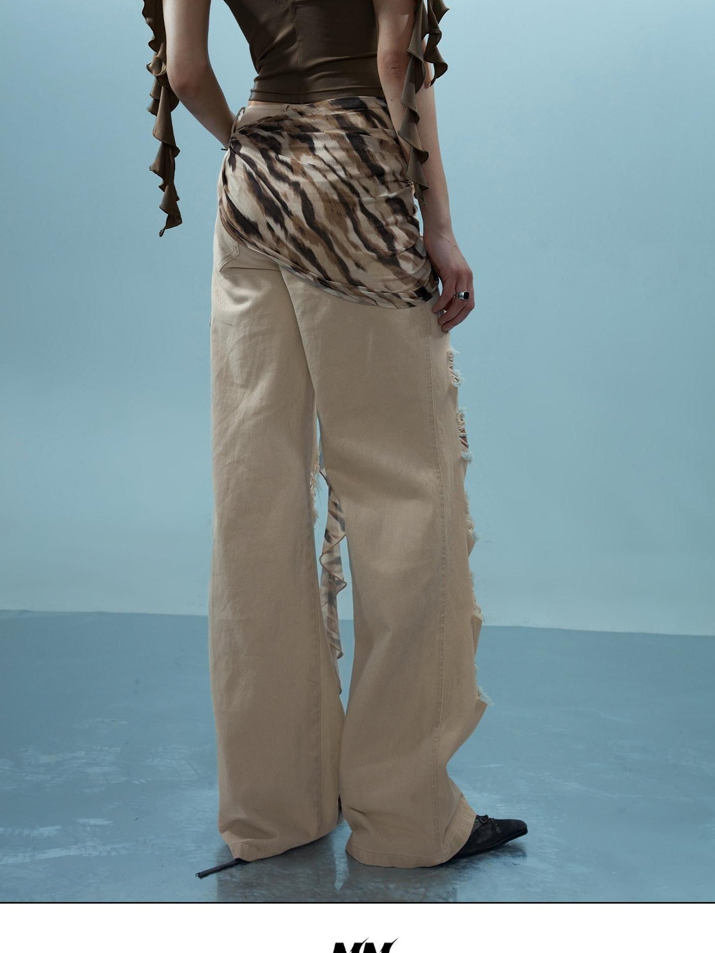 NORTH NODE Washed Distressed Detachable Flap Wide Leg Women&