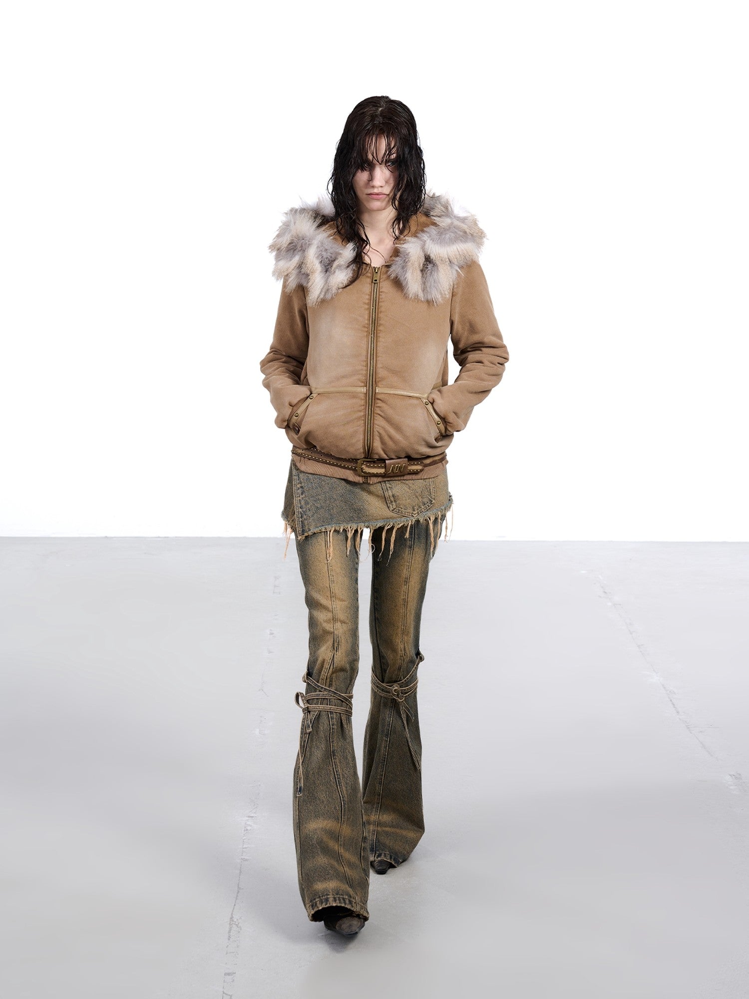NORTH NODE Washed Distressed Fur Collar Hooded Women&
