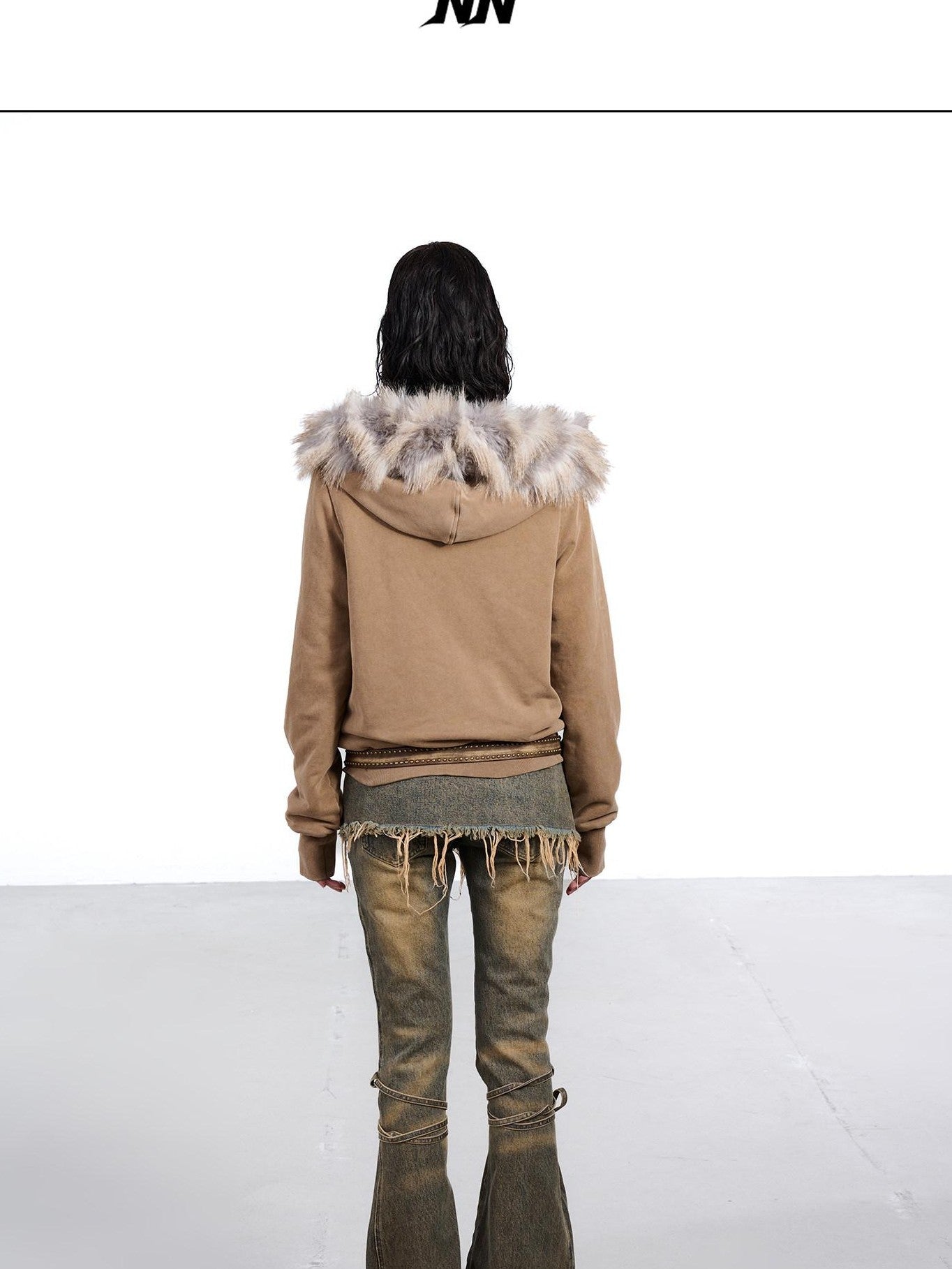 NORTH NODE Washed Distressed Fur Collar Hooded Women&