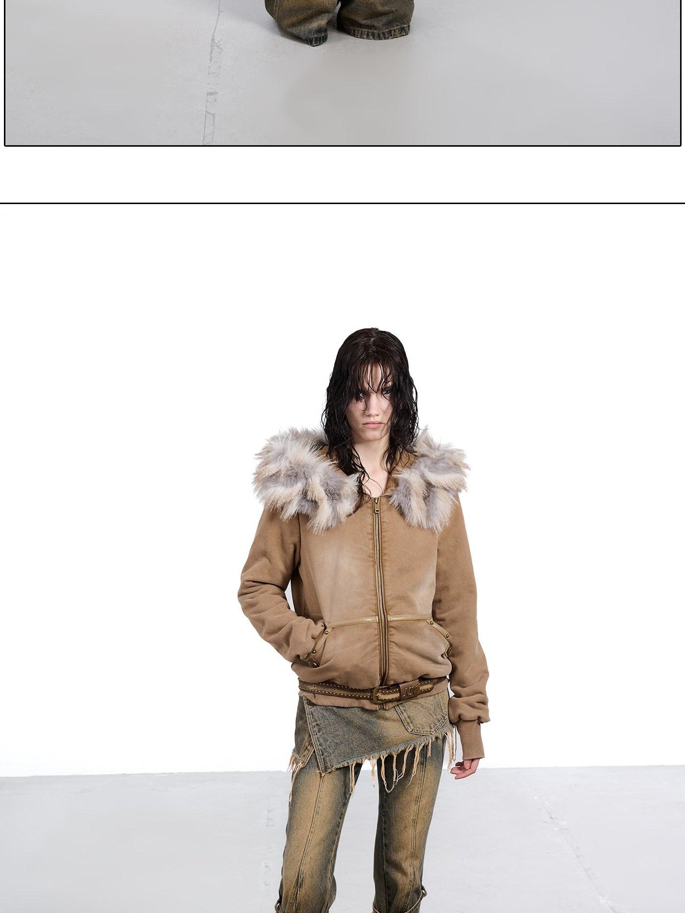 NORTH NODE Washed Distressed Fur Collar Hooded Women&