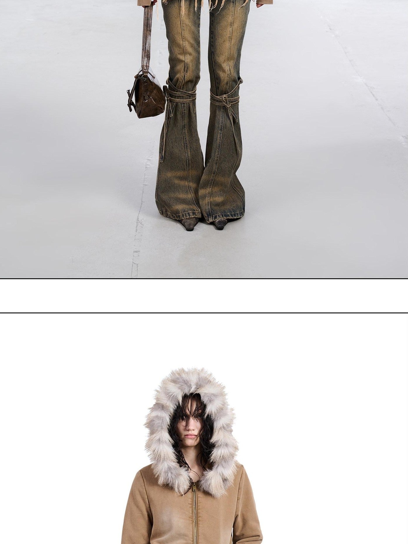 NORTH NODE Washed Distressed Fur Collar Hooded Women&