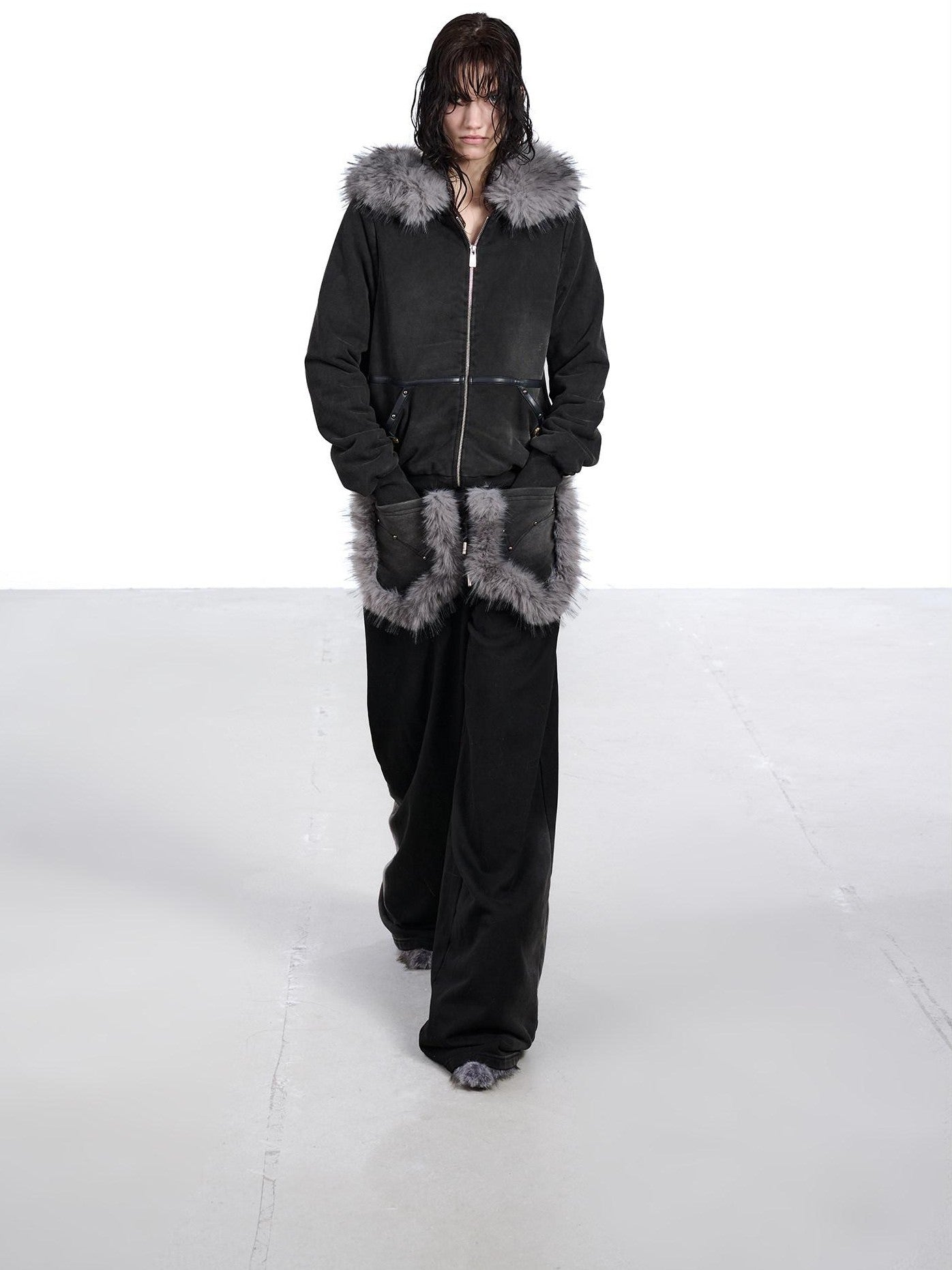 NORTH NODE Washed Distressed Fur Collar Hooded Women&