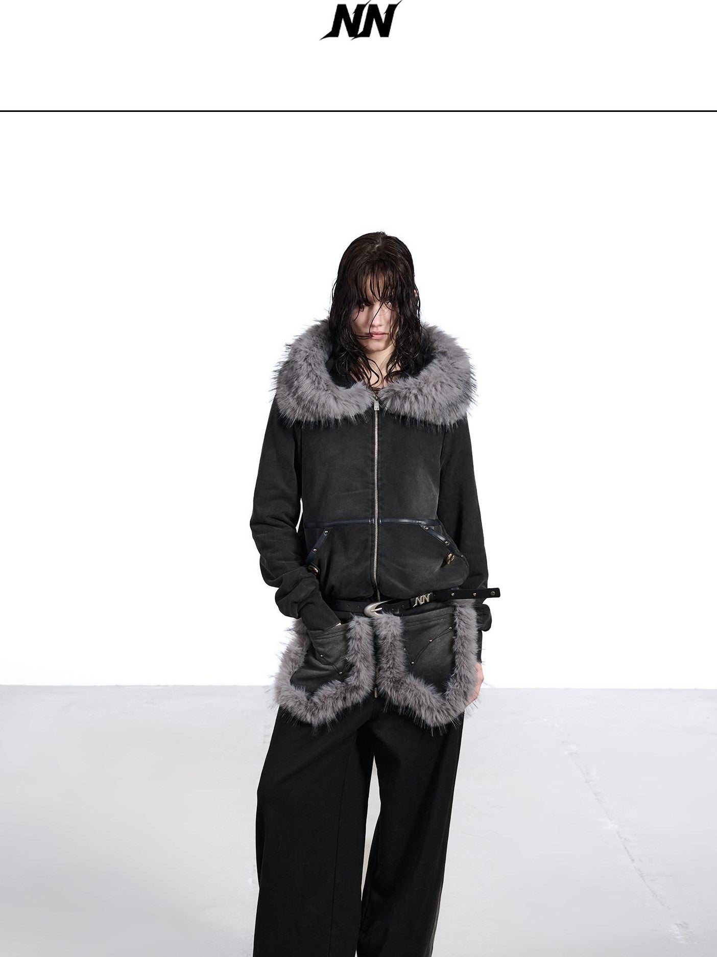 NORTH NODE Washed Distressed Fur Collar Hooded Women&