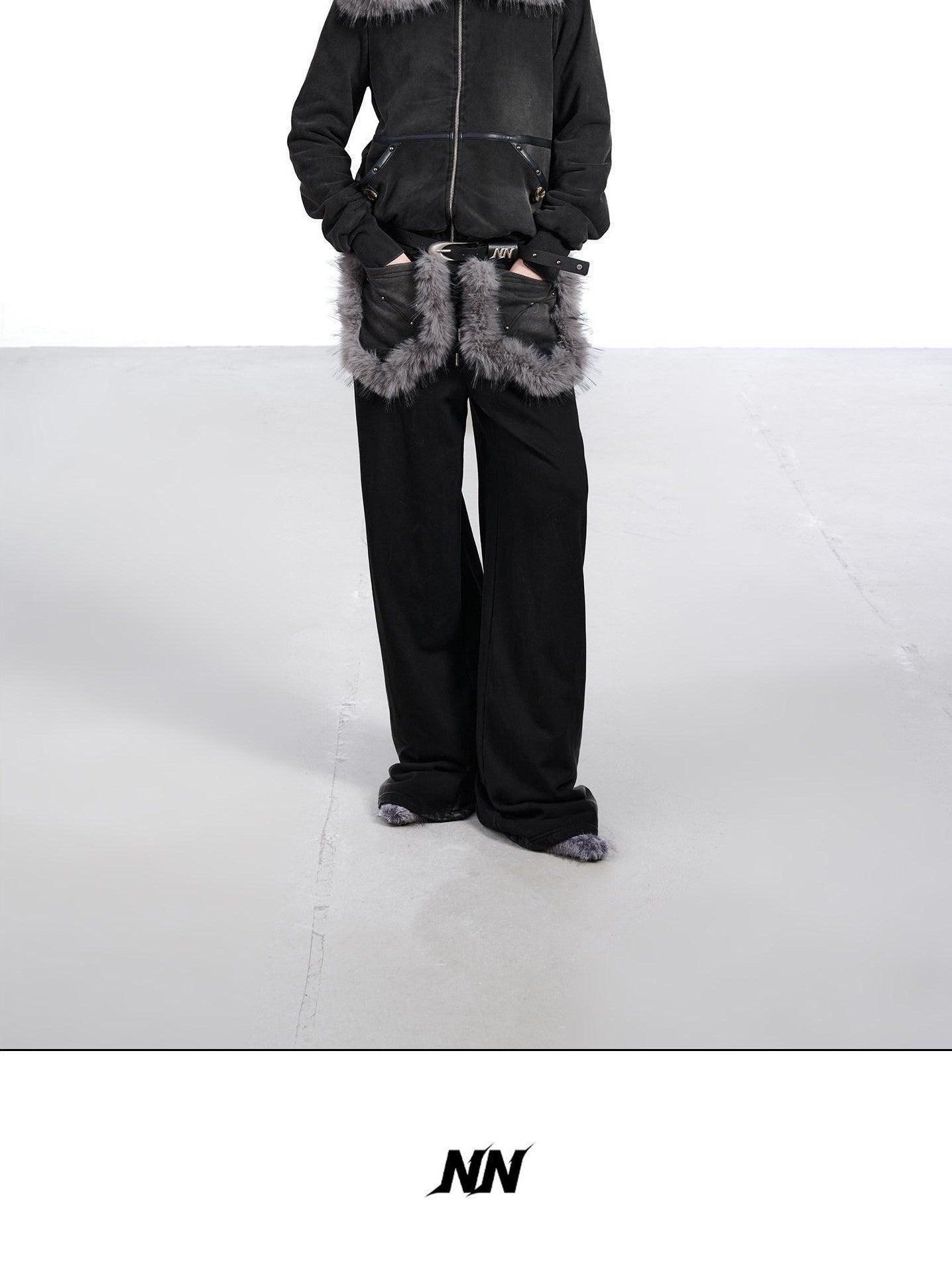 NORTH NODE Washed Distressed Fur Collar Hooded Women&