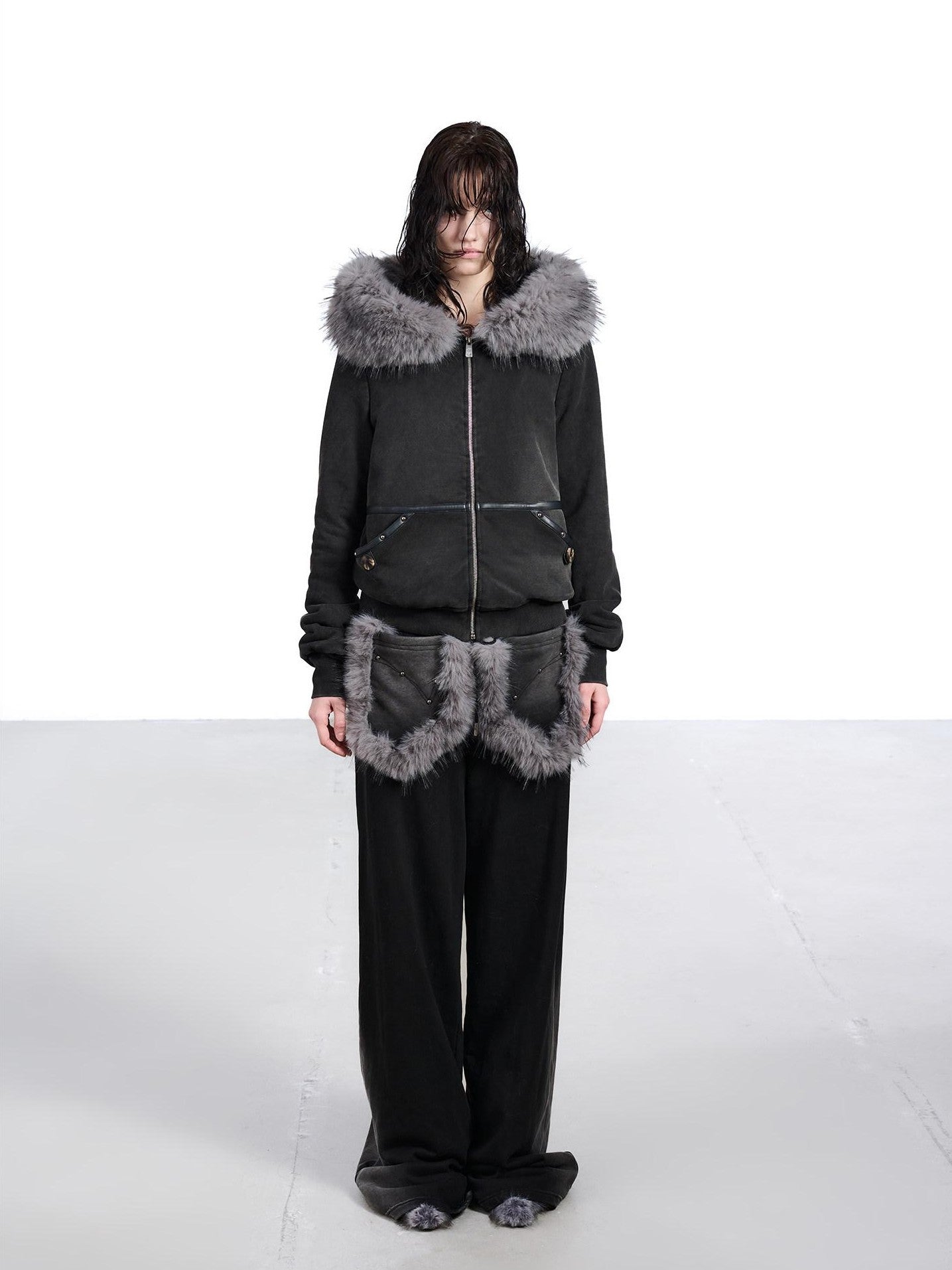 NORTH NODE Washed Distressed Fur Collar Hooded Women&