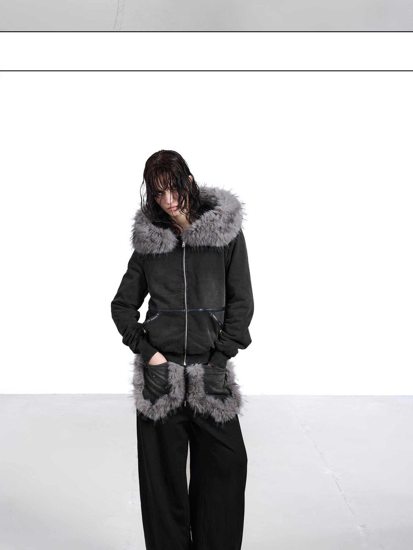 NORTH NODE Washed Distressed Fur Collar Hooded Women&