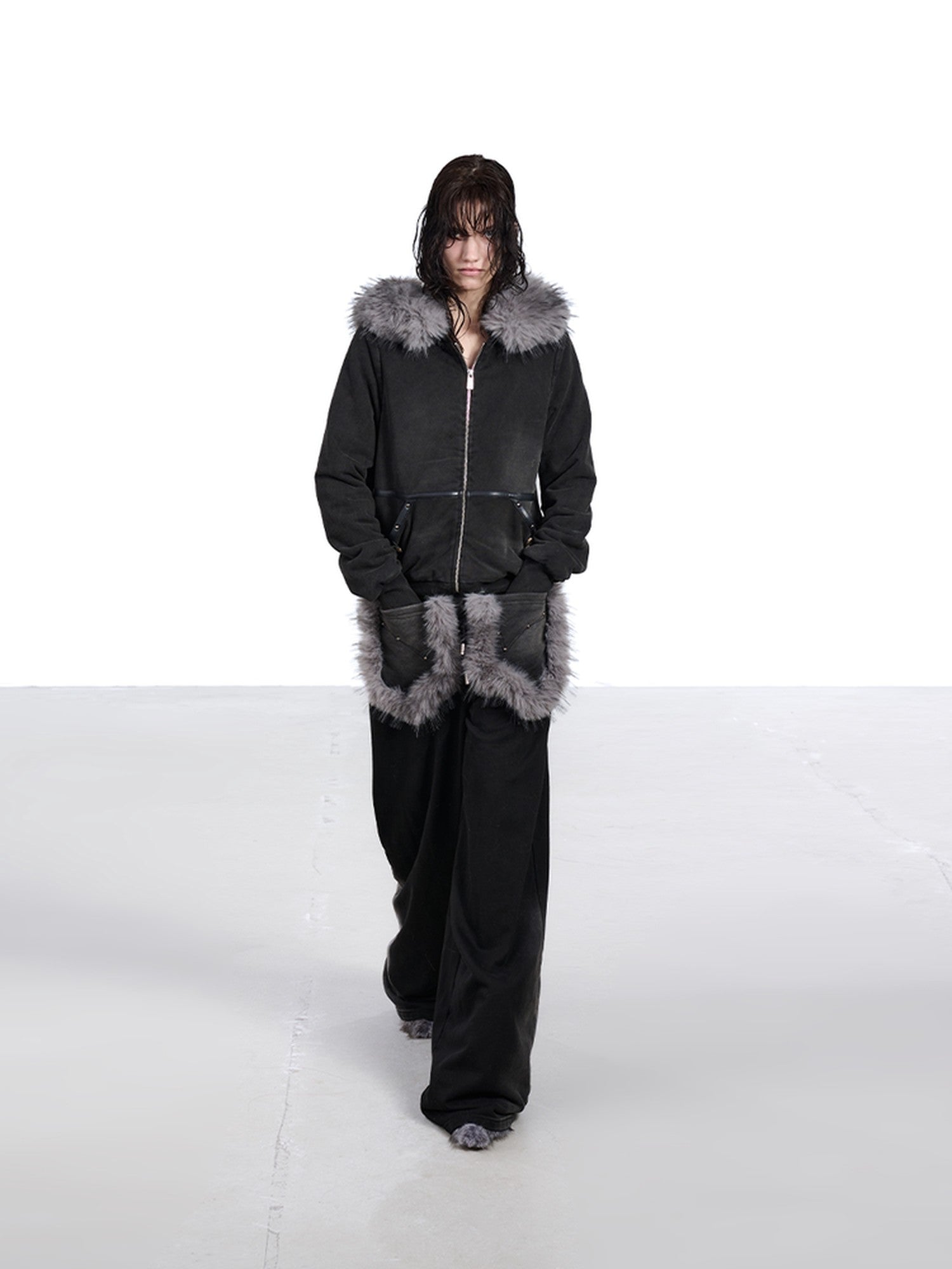 NORTH NODE Washed Distressed Fur Collar Hooded Women&