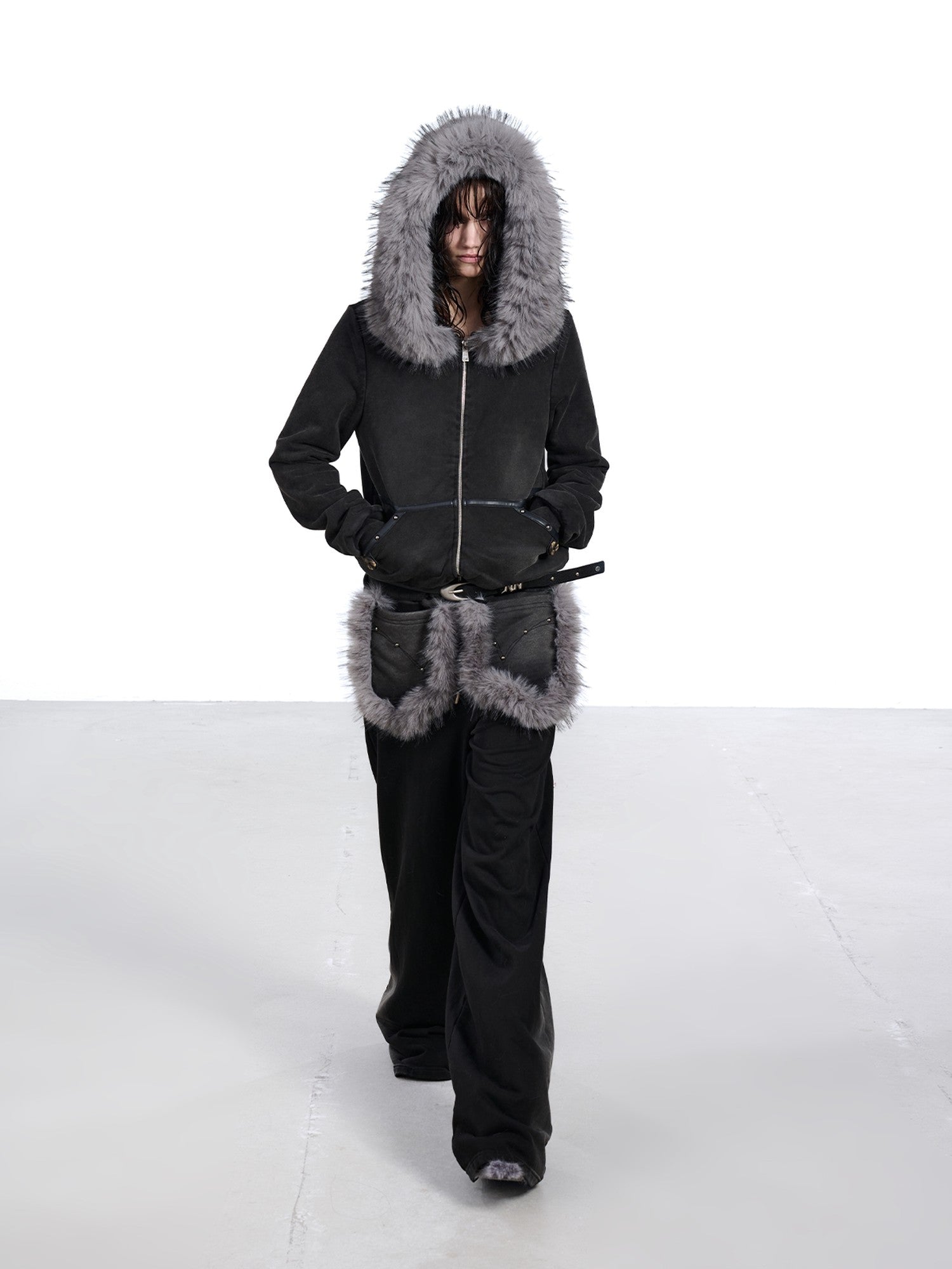 NORTH NODE Washed Distressed Fur Collar Hooded Women&
