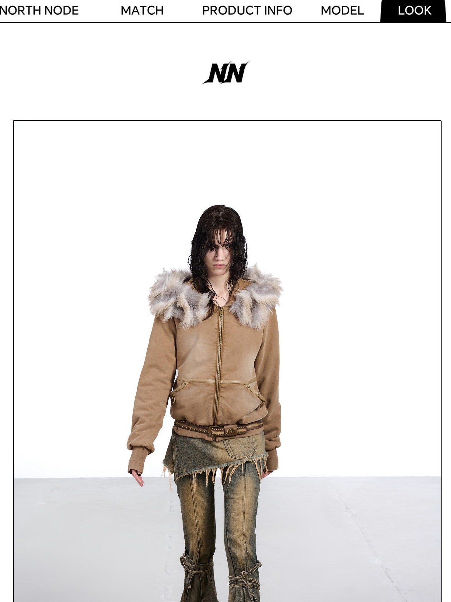 NORTH NODE Washed Distressed Fur Collar Hooded Women&