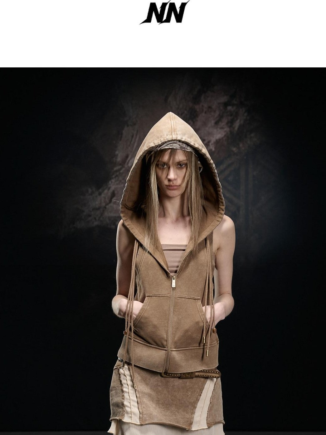 NORTH NODE Washed Distressed Hooded Zip Front Slim Fit Side Pocket Women&
