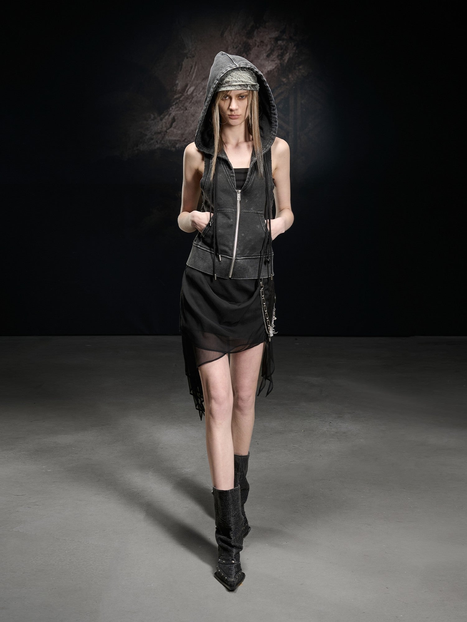 NORTH NODE Washed Distressed Hooded Zip Front Slim Fit Side Pocket Women&