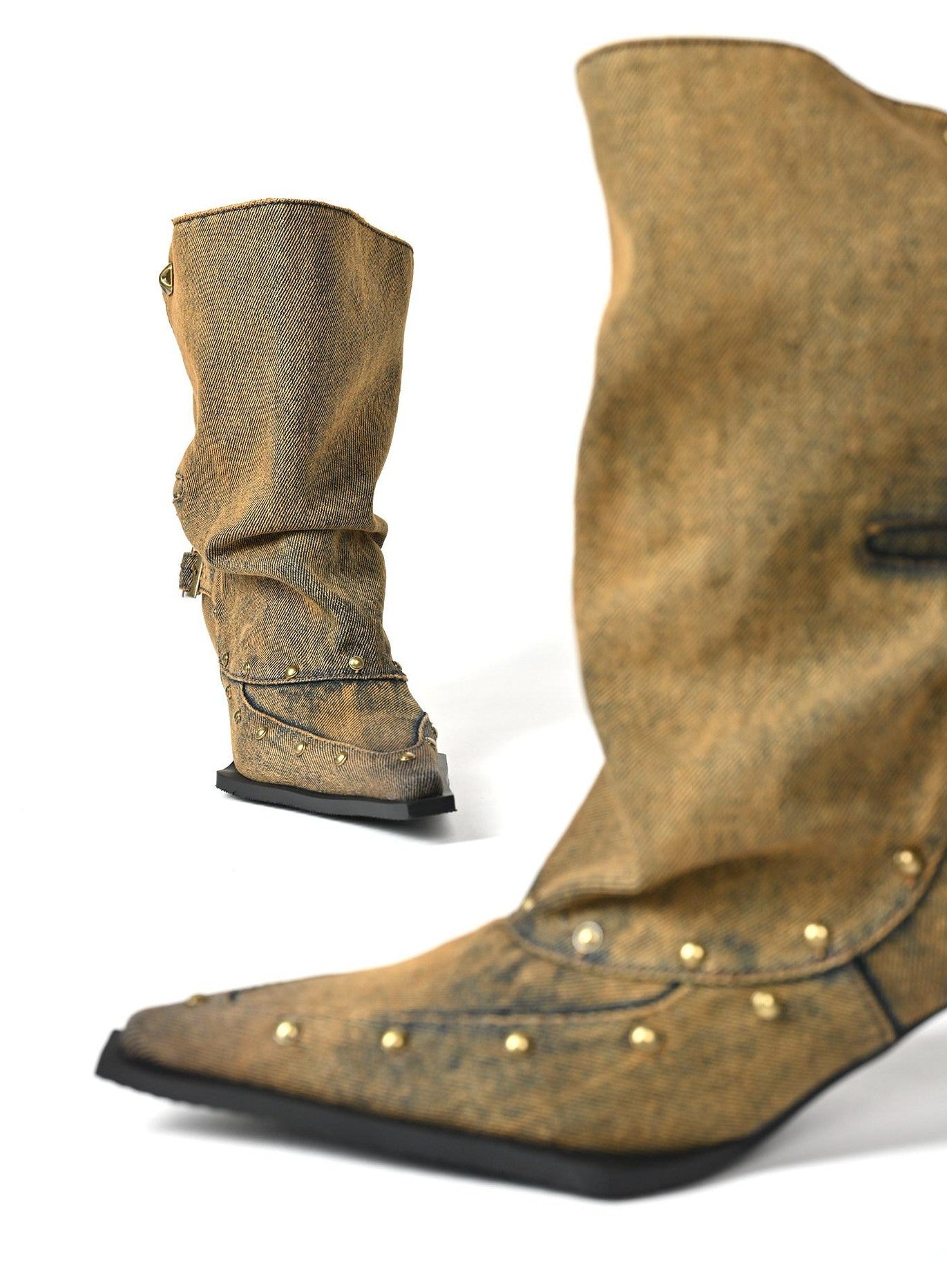 NORTH NODE Washed Distressed Studded Pointed Toe Western Punk Women&