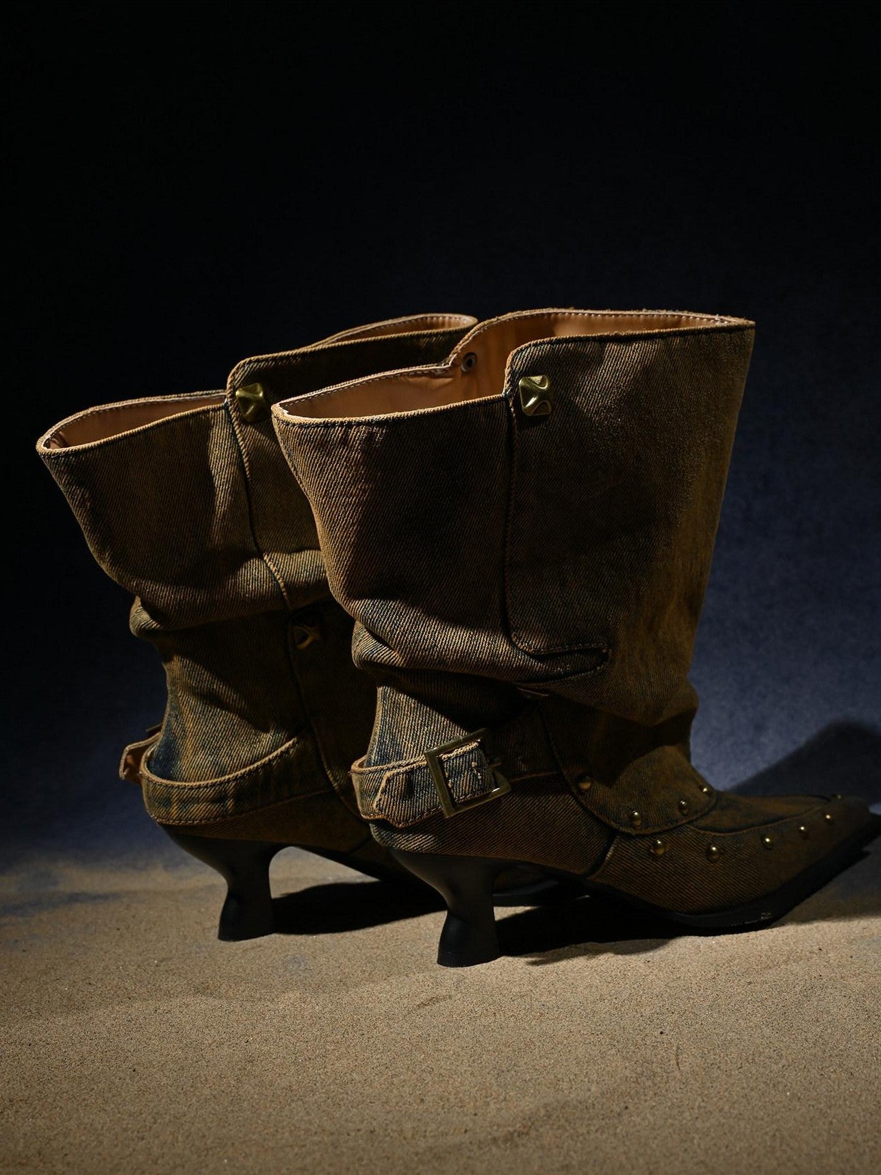 NORTH NODE Washed Distressed Studded Pointed Toe Western Punk Women&