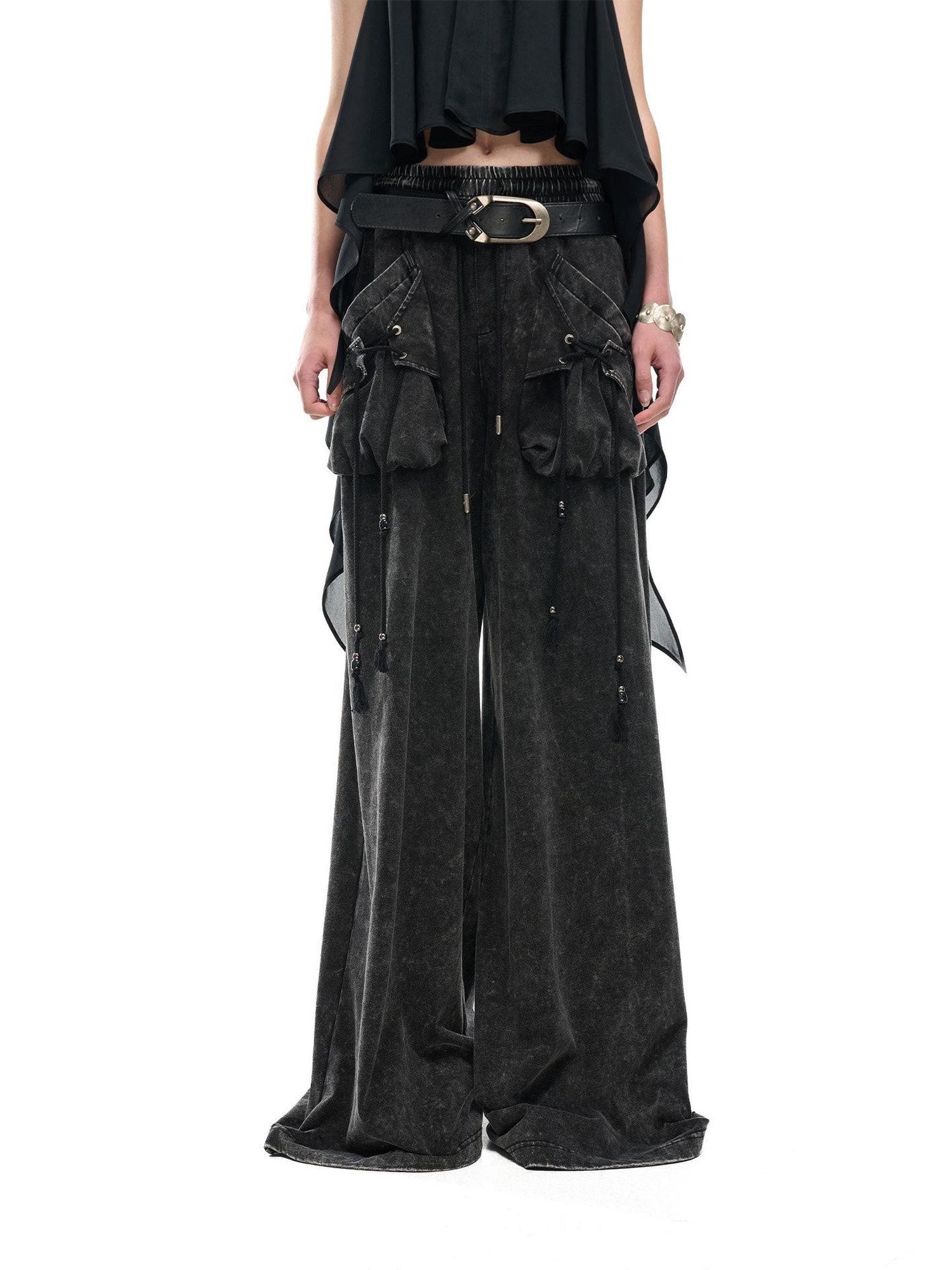 NORTH NODE Washed Faded Drawstring Pleated 3d Pockets Women&