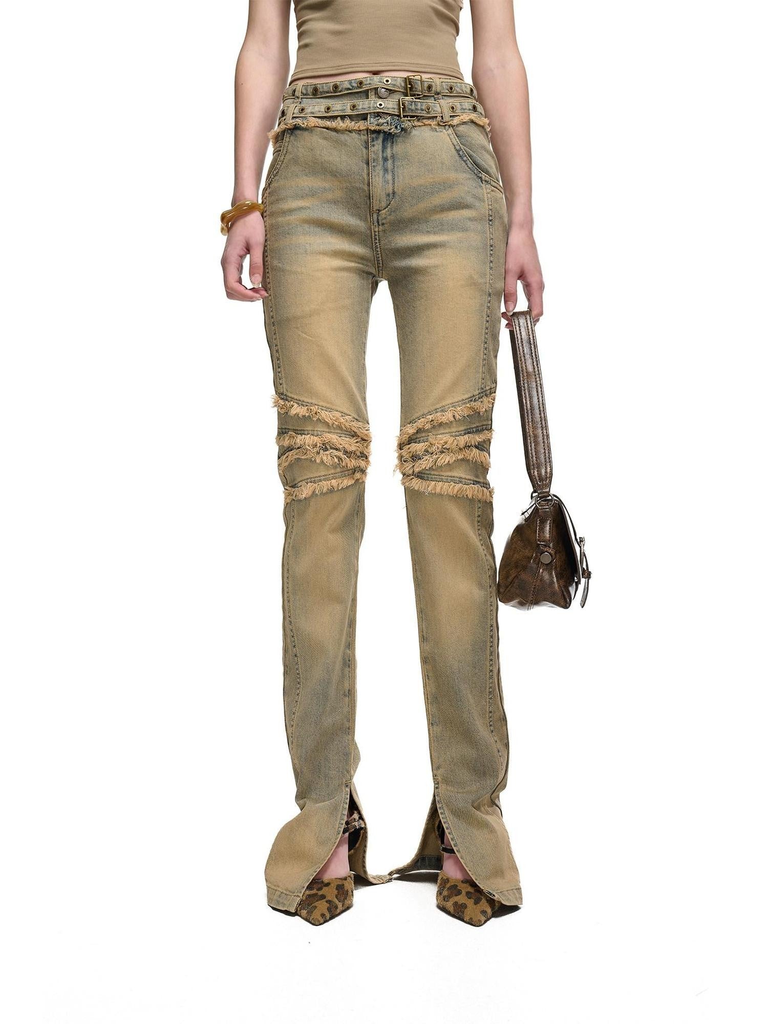 NORTH NODE Washed Frayed Hem Double Waist Belt Side Slit Women&