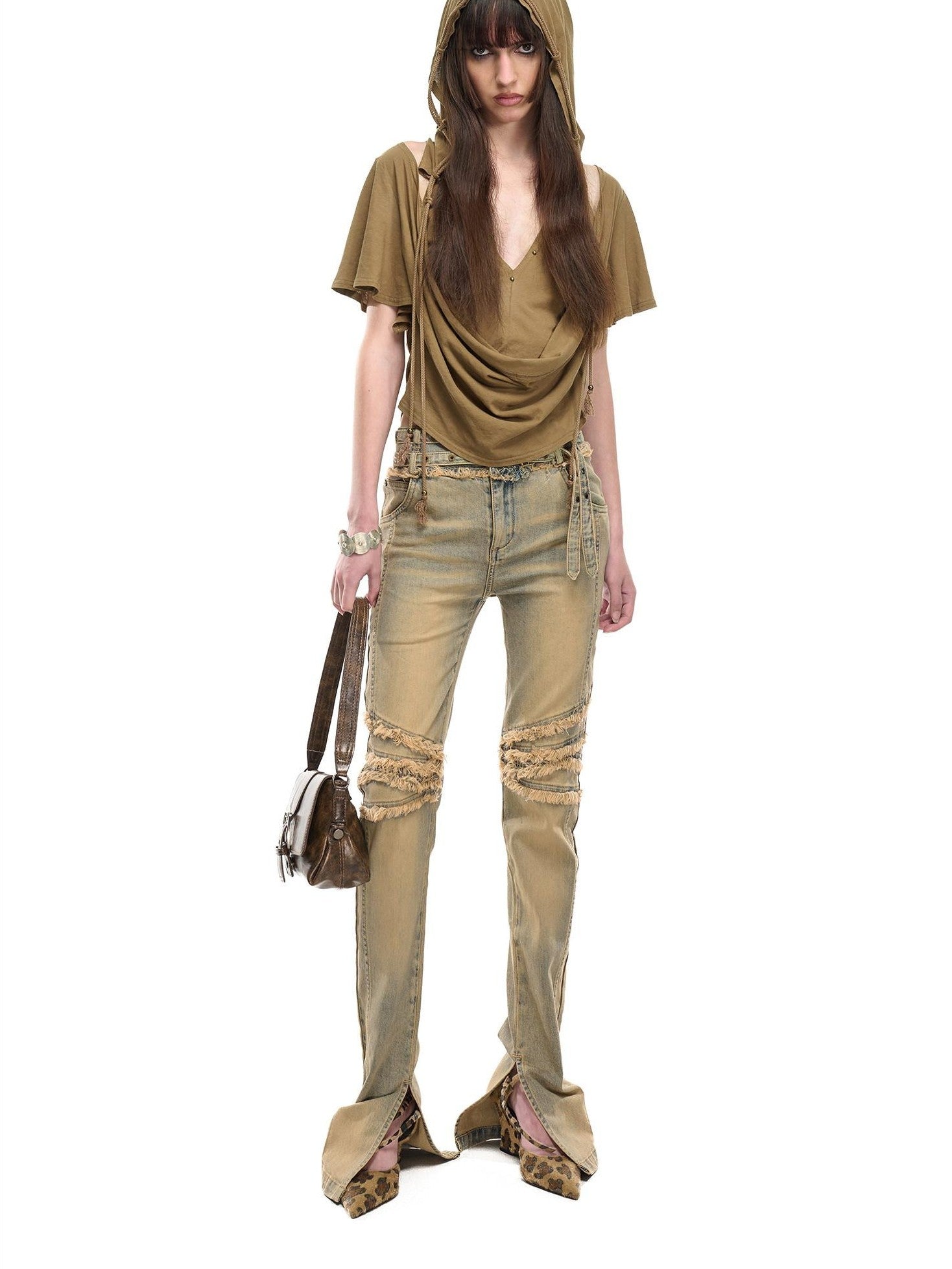 NORTH NODE Washed Frayed Hem Double Waist Belt Side Slit Women&