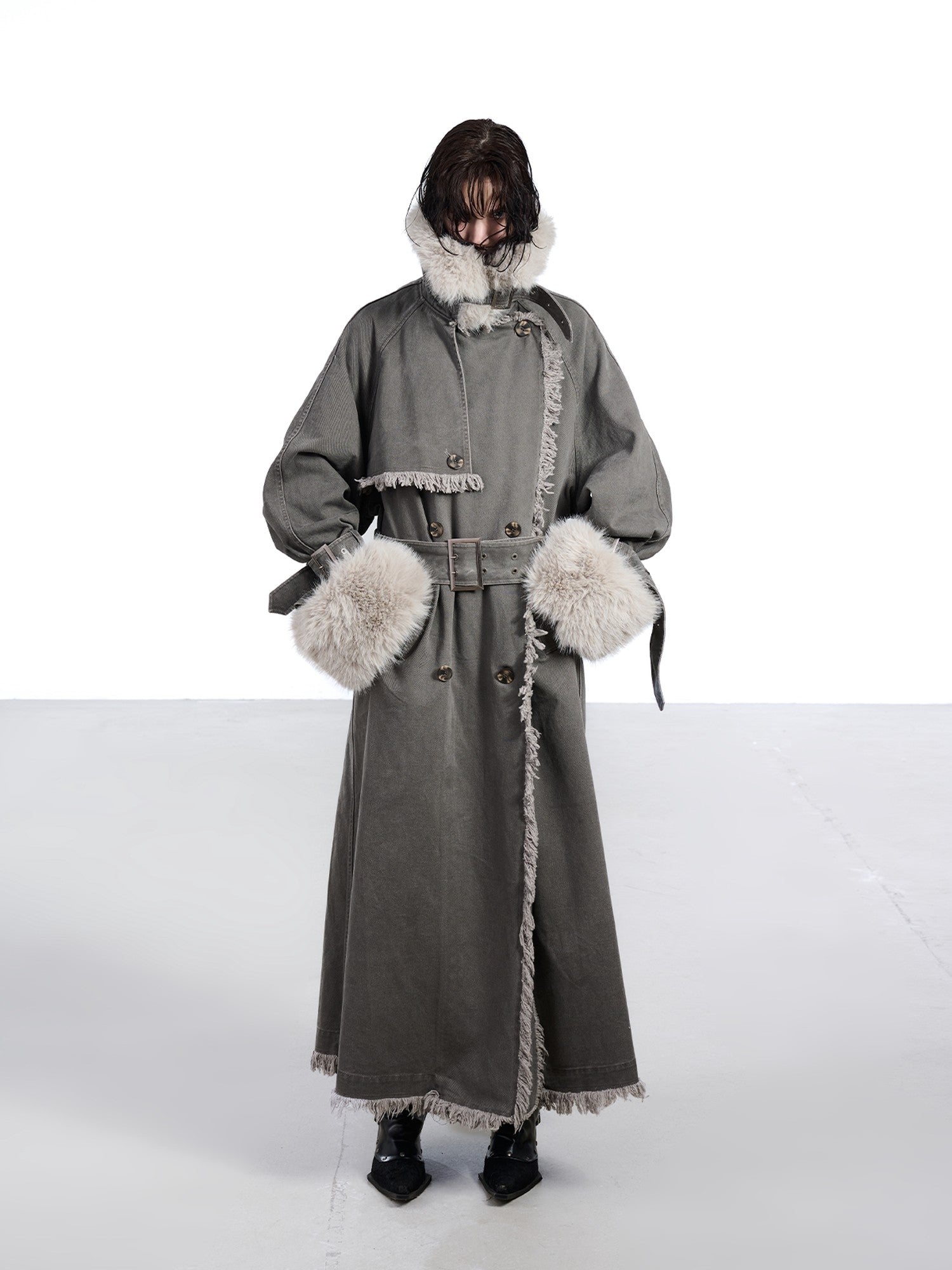 NORTH NODE Washed Fur Collar Detachable Inner Fur Lining Women&